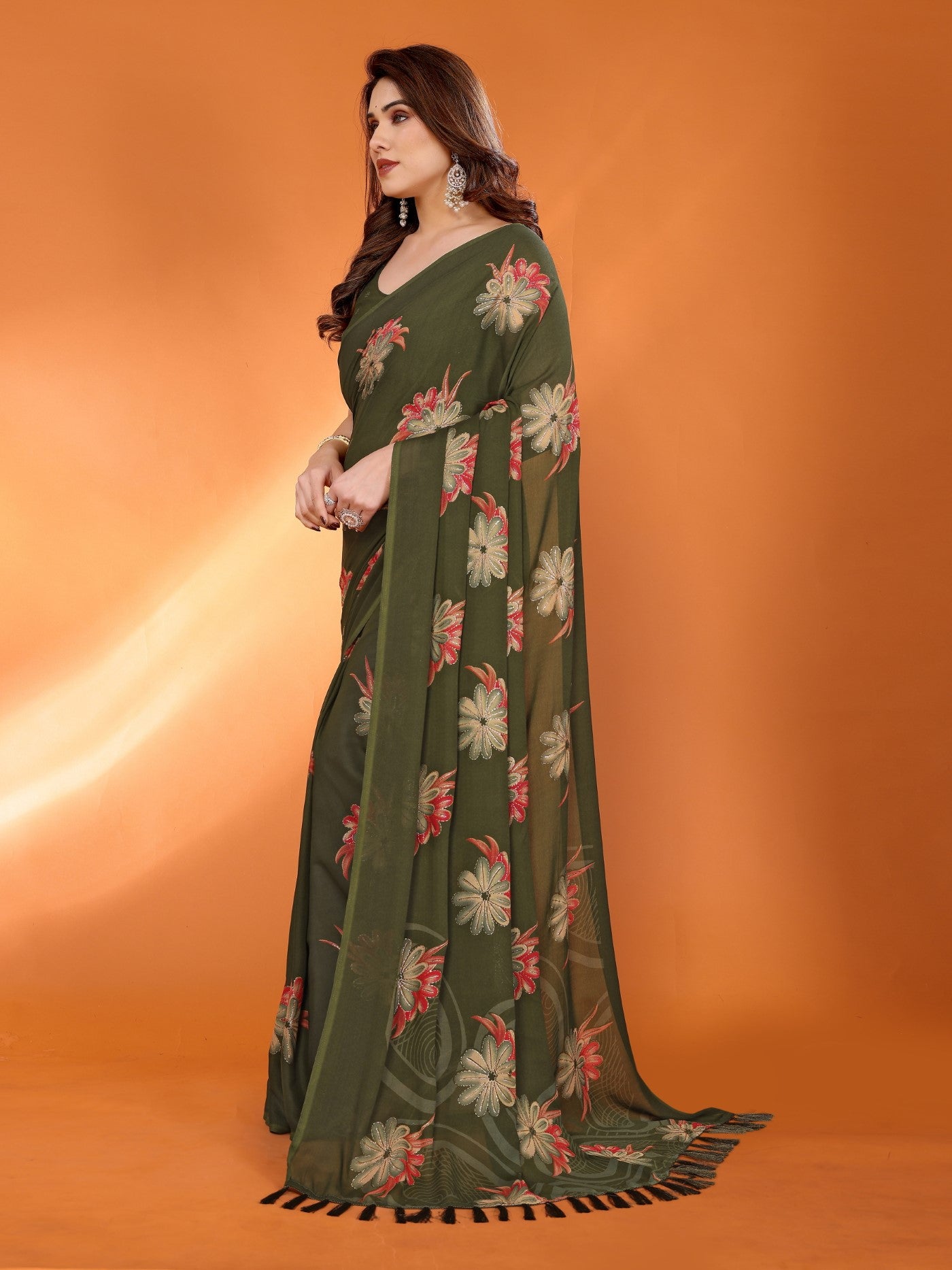 Mehendi Bright Moss Satin Patta Saree With Printed Design