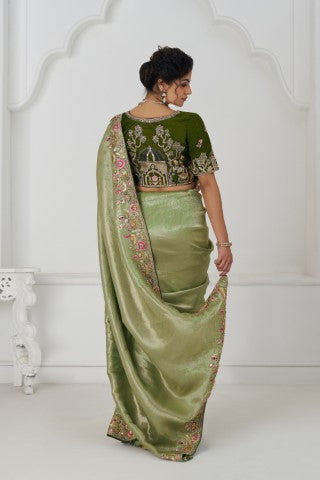 Mehendi Color Saree With Multi-Thread And Sequins Embroidery For Wedding
