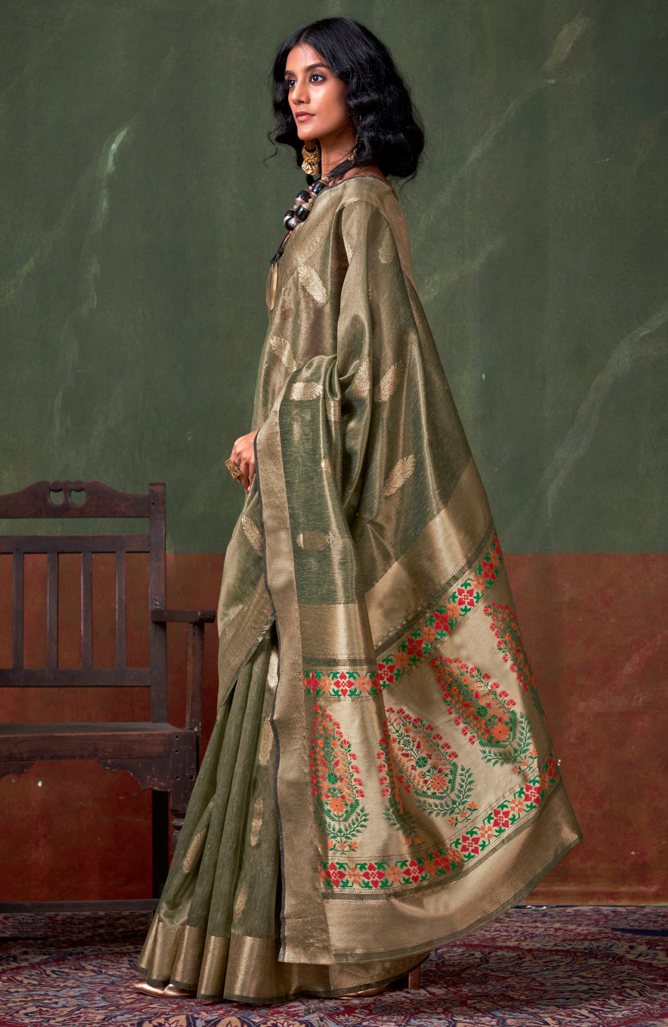 Mehendi Color Tissue Silk Saree With Jacquard Woven Work