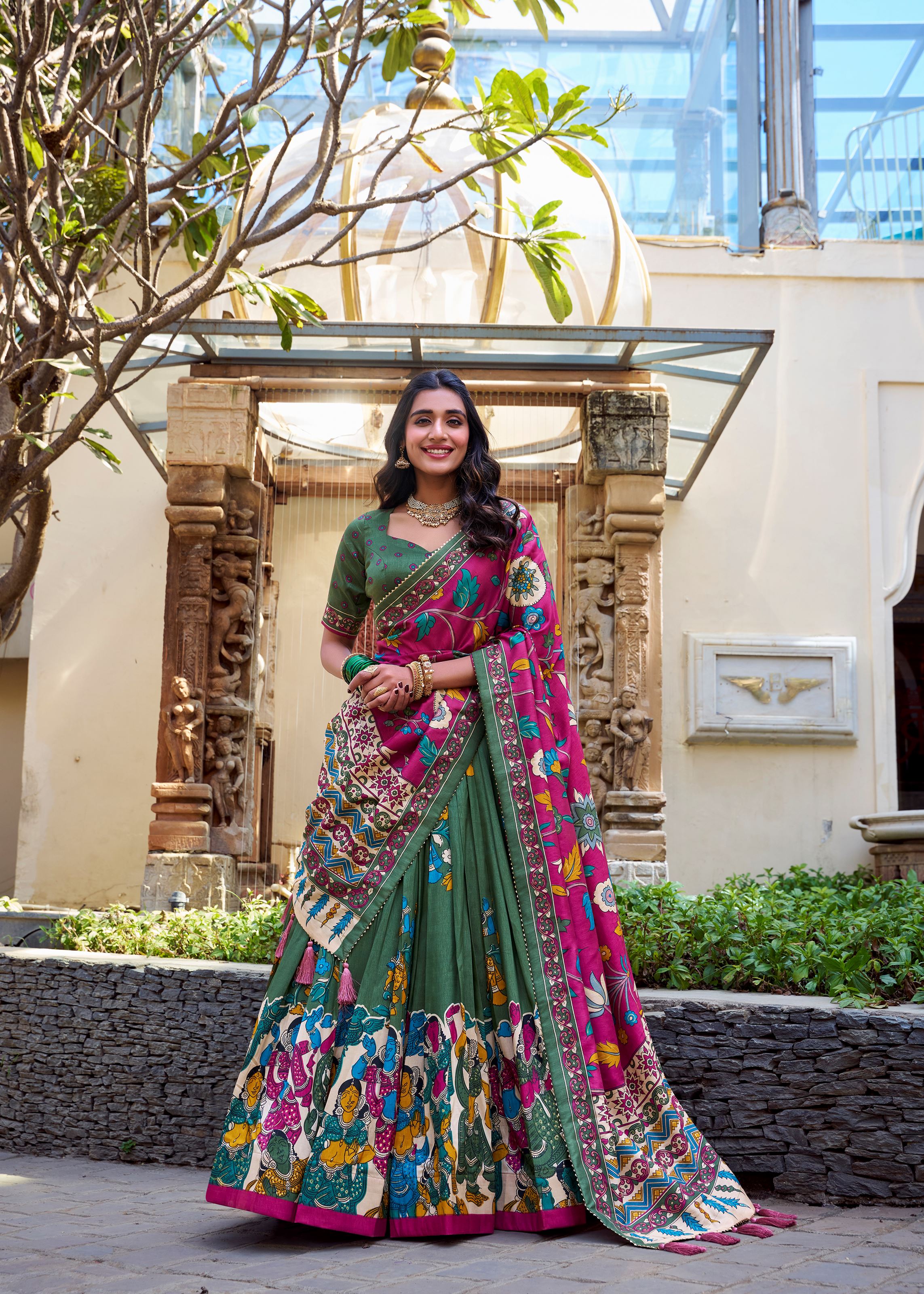 Mehendi Elegance Tussar Silk Lehenga with Kalamkari Magic & Gota Patti Glam