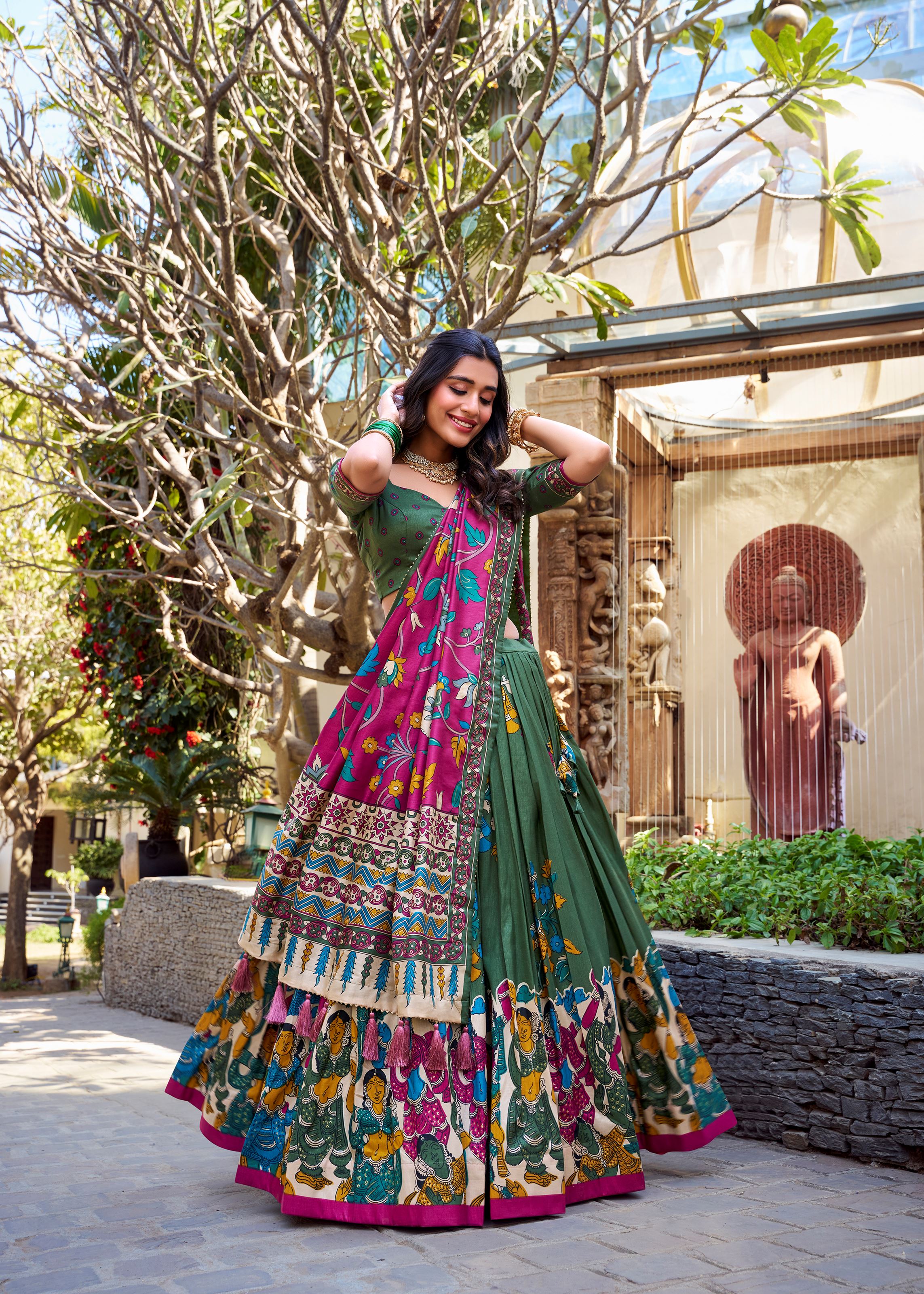 Mehendi Elegance Tussar Silk Lehenga with Kalamkari Magic & Gota Patti Glam