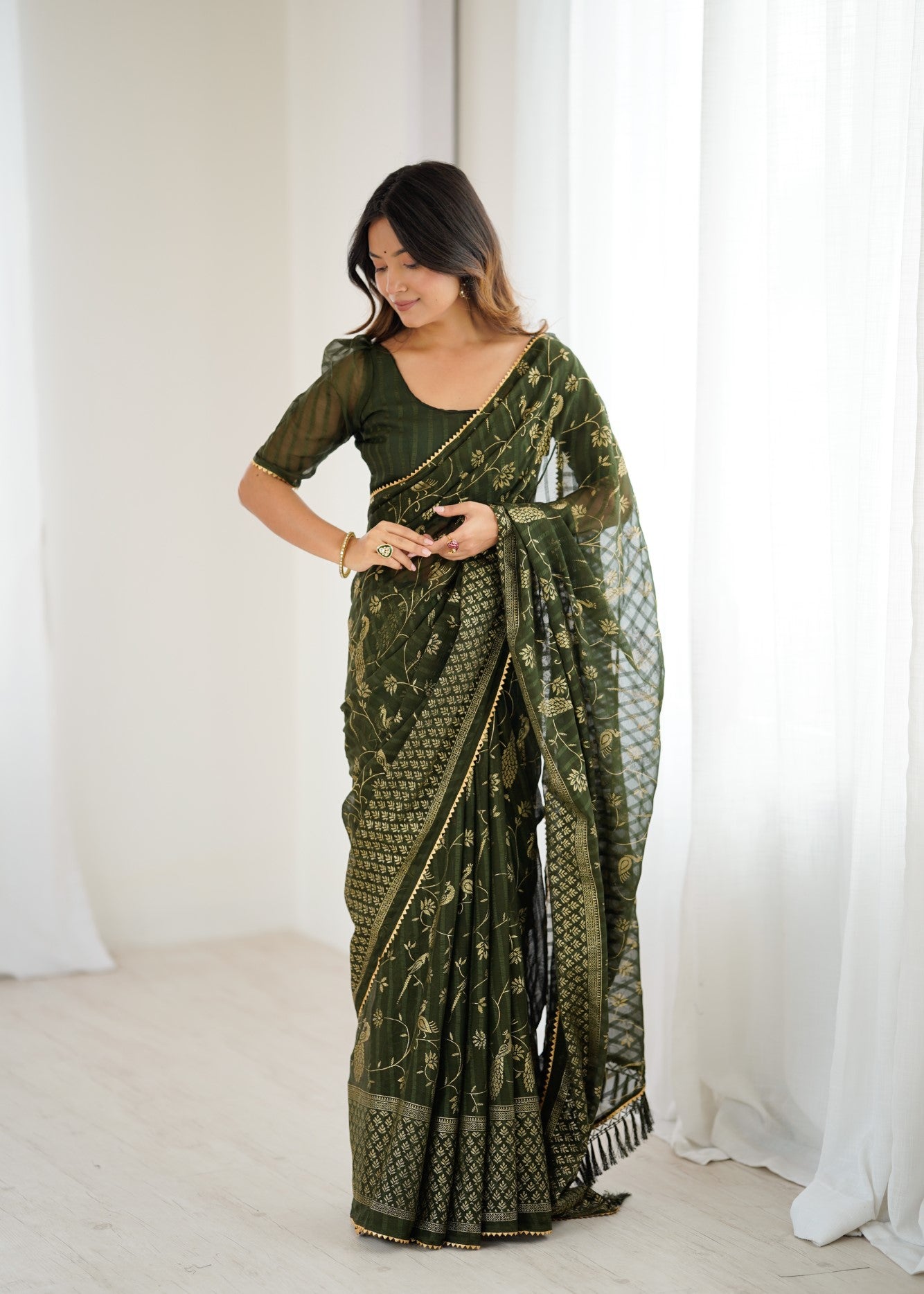 Mehendi Georgette Patta Saree With Foil Work And Lace Border