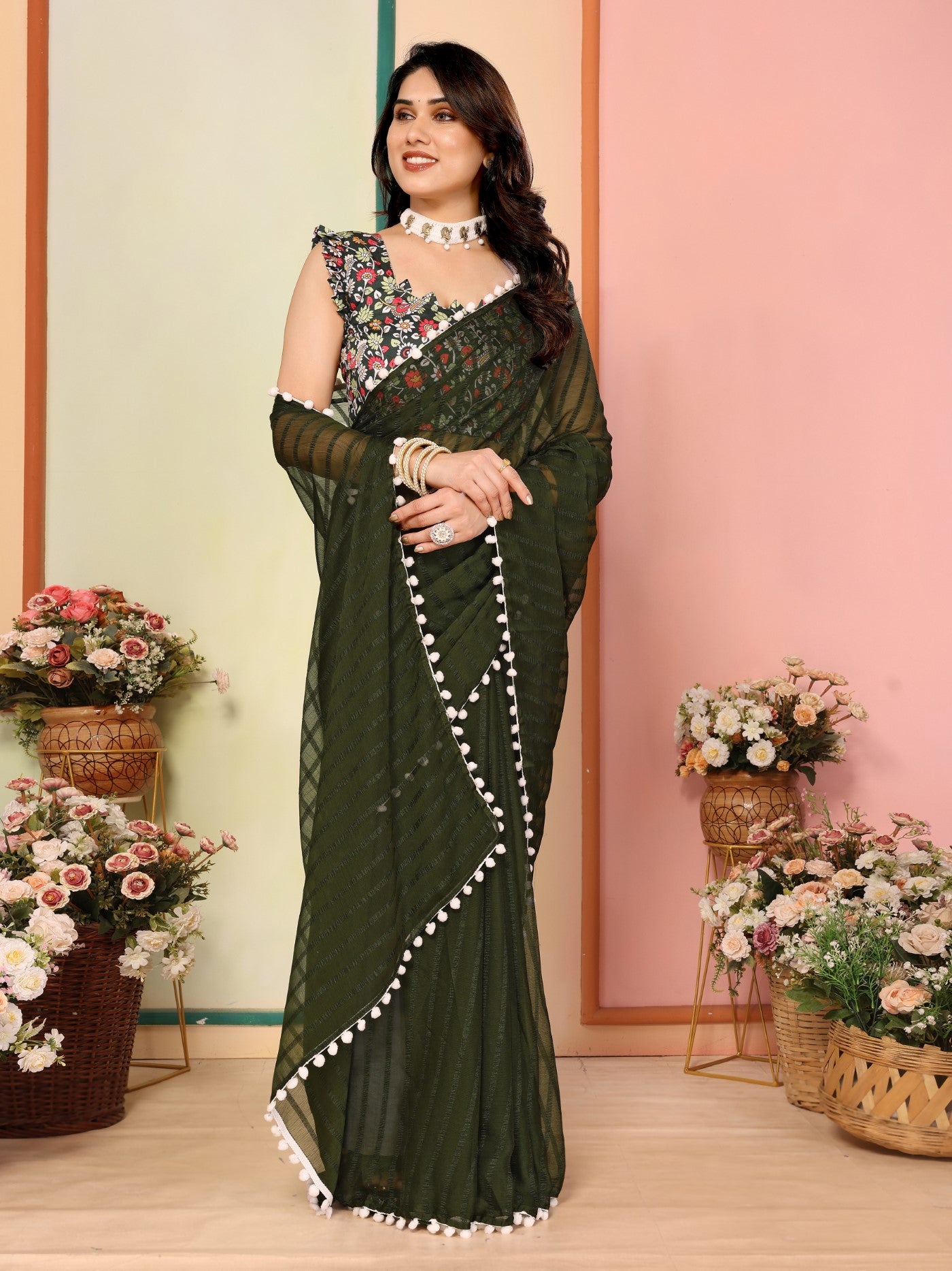 Mehendi Georgette Patta Saree With Plain Saree With Digital Print Blouse