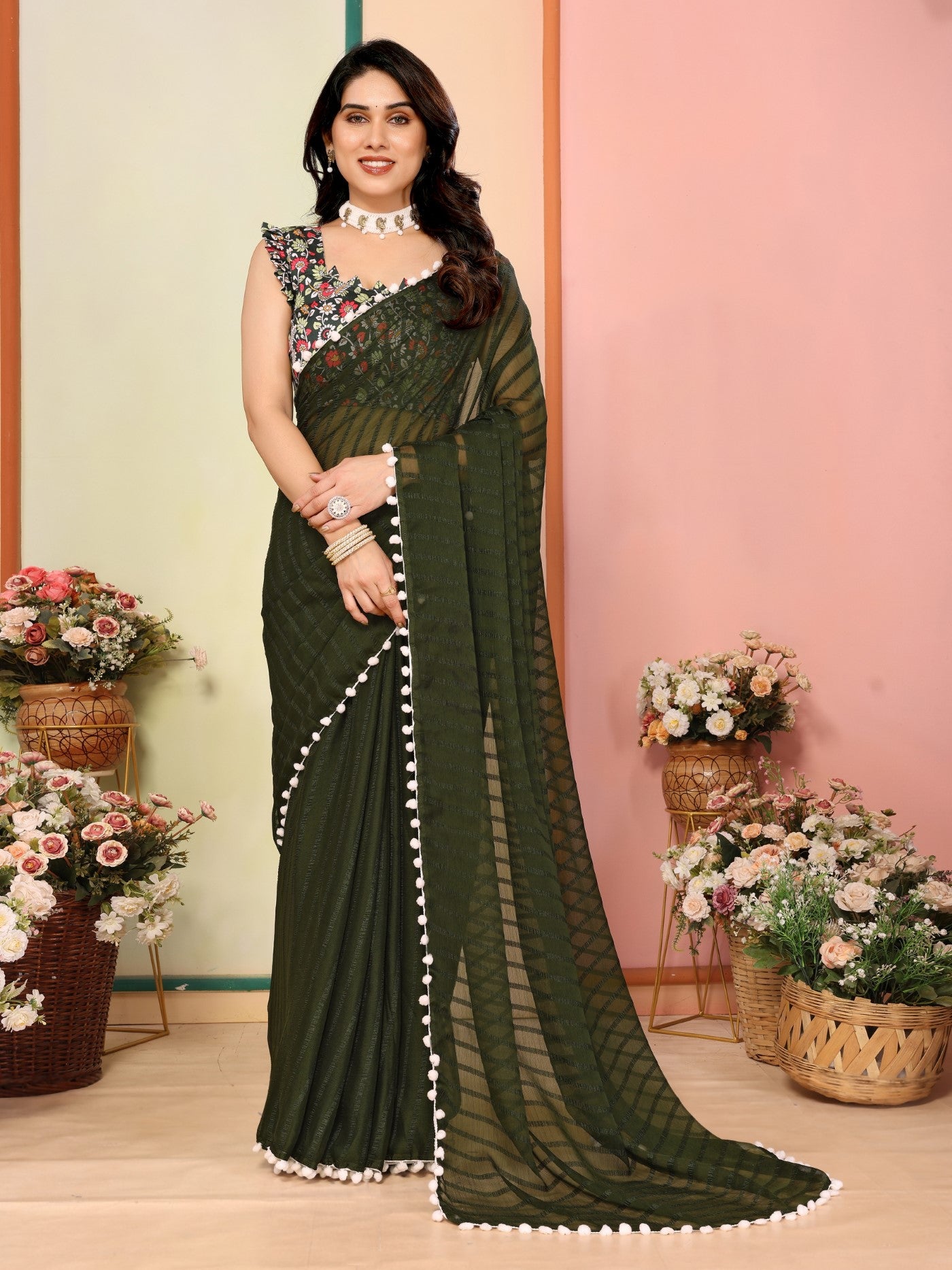 Mehendi Georgette Patta Saree With Plain Saree With Digital Print Blouse