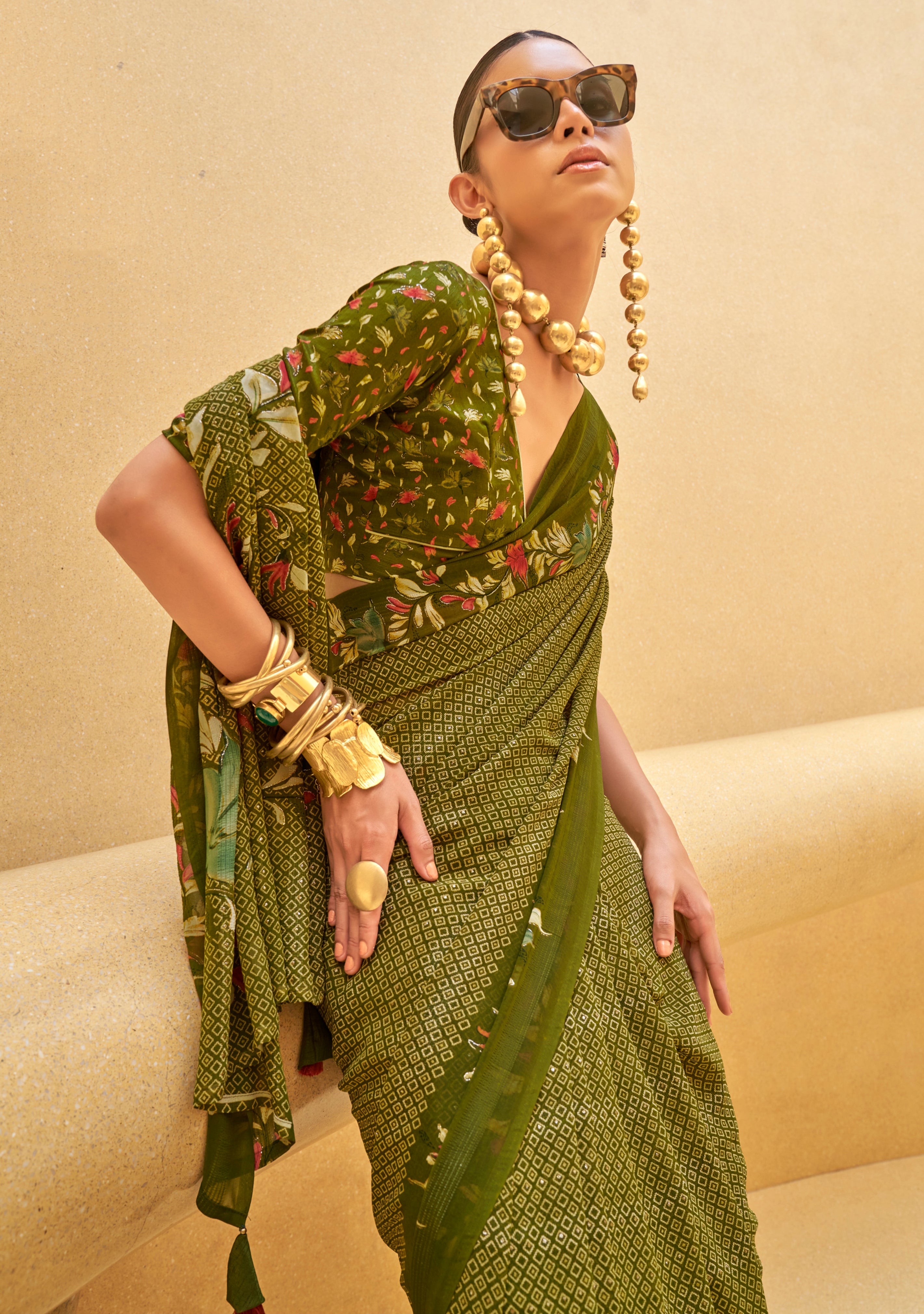 Mehendi Georgette Printed Saree