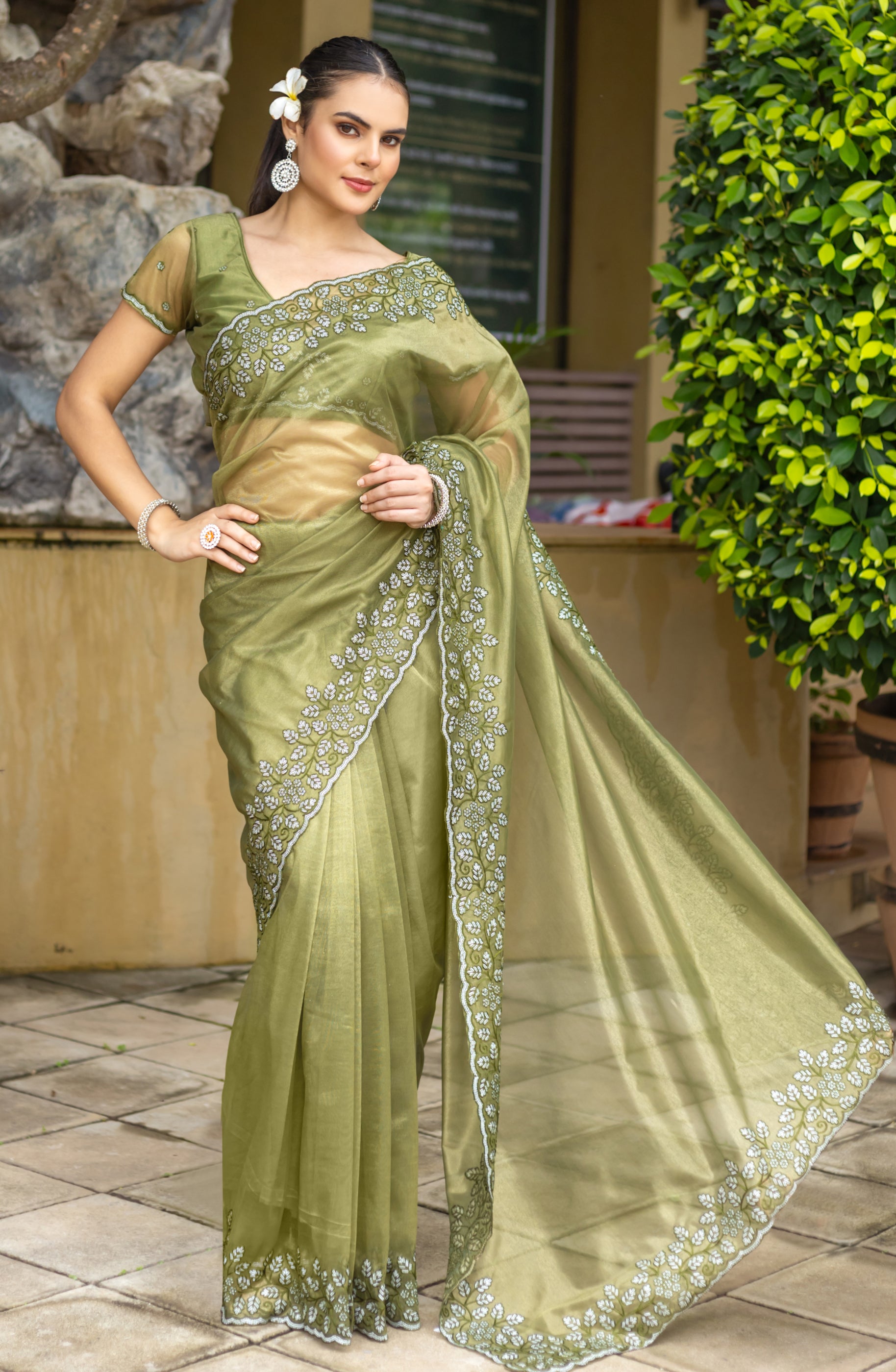 Mehendi Gold-Infused Twill Saree with Zari Sequins Embroidery