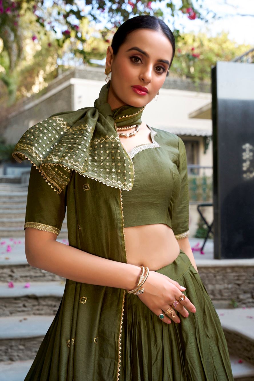 Mehendi Green Chanderi Lehenga with Zari Weaving Finish
