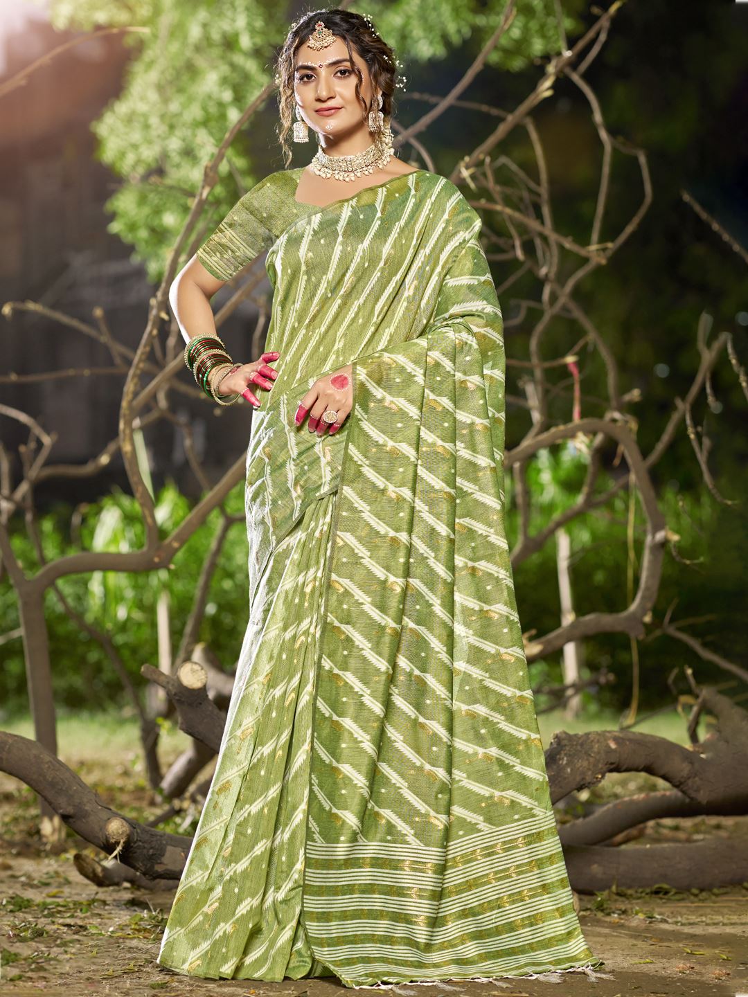 Mehendi Green Color Leheriya Print Linen Cotton Saree