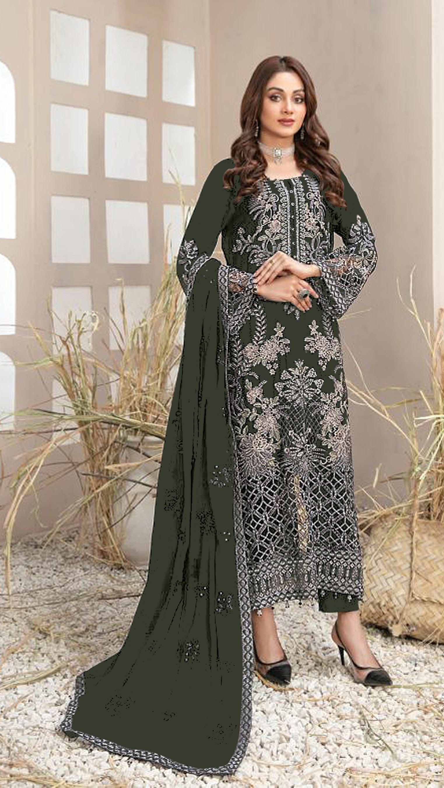 Mehendi Green Heavy Designer Suit With Heavy Embroidery Work