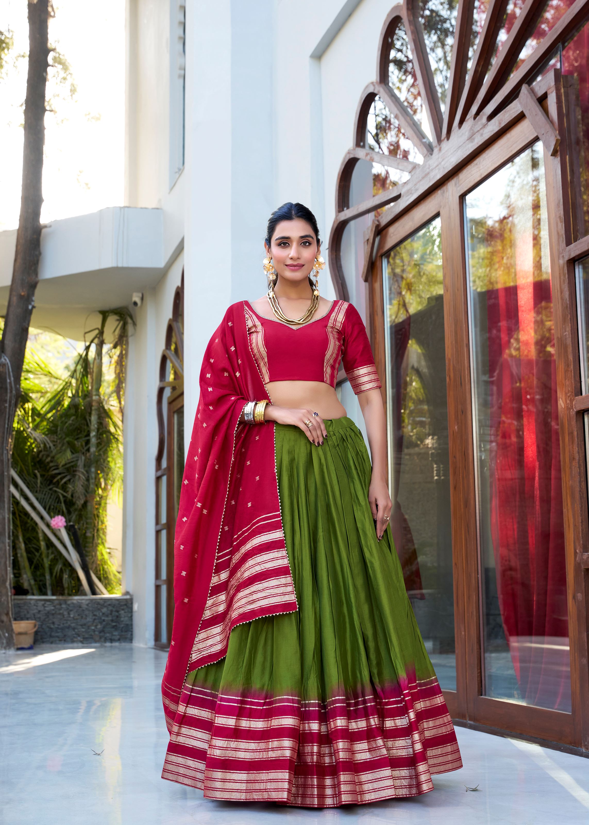 Mehendi Green Pure Chanderi Lehenga in Mehendi Green with Zari Charm