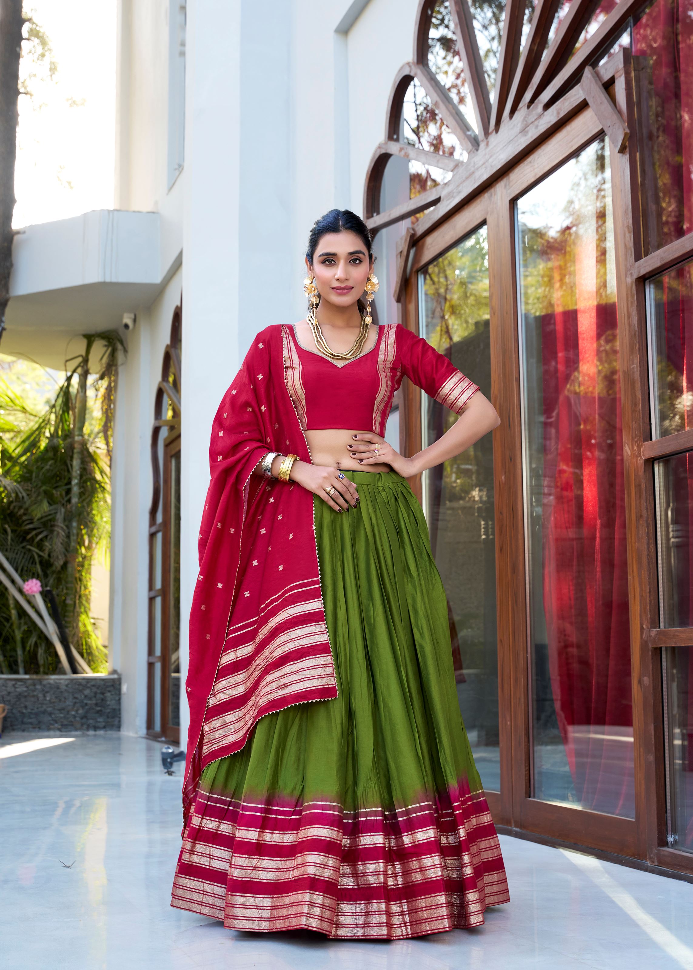 Mehendi Green Pure Chanderi Lehenga in Mehendi Green with Zari Charm