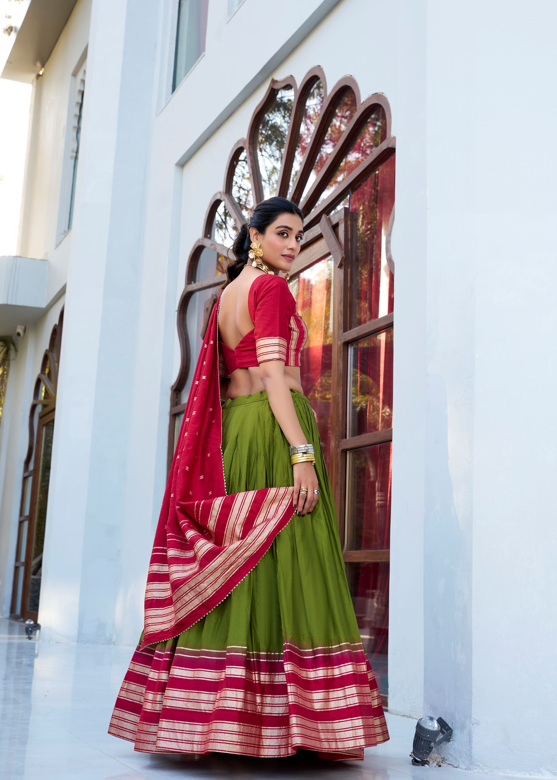 Mehendi Green Pure Chanderi Lehenga in Mehendi Green with Zari Charm