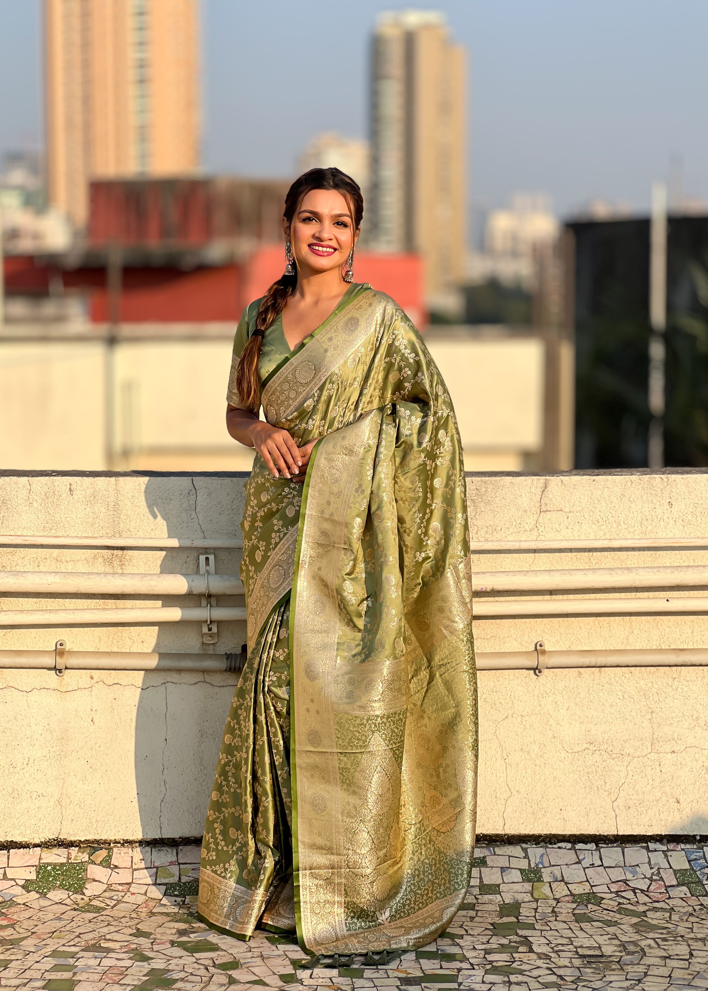 Mehendi Green Satin Saree With Zari and Woven Work
