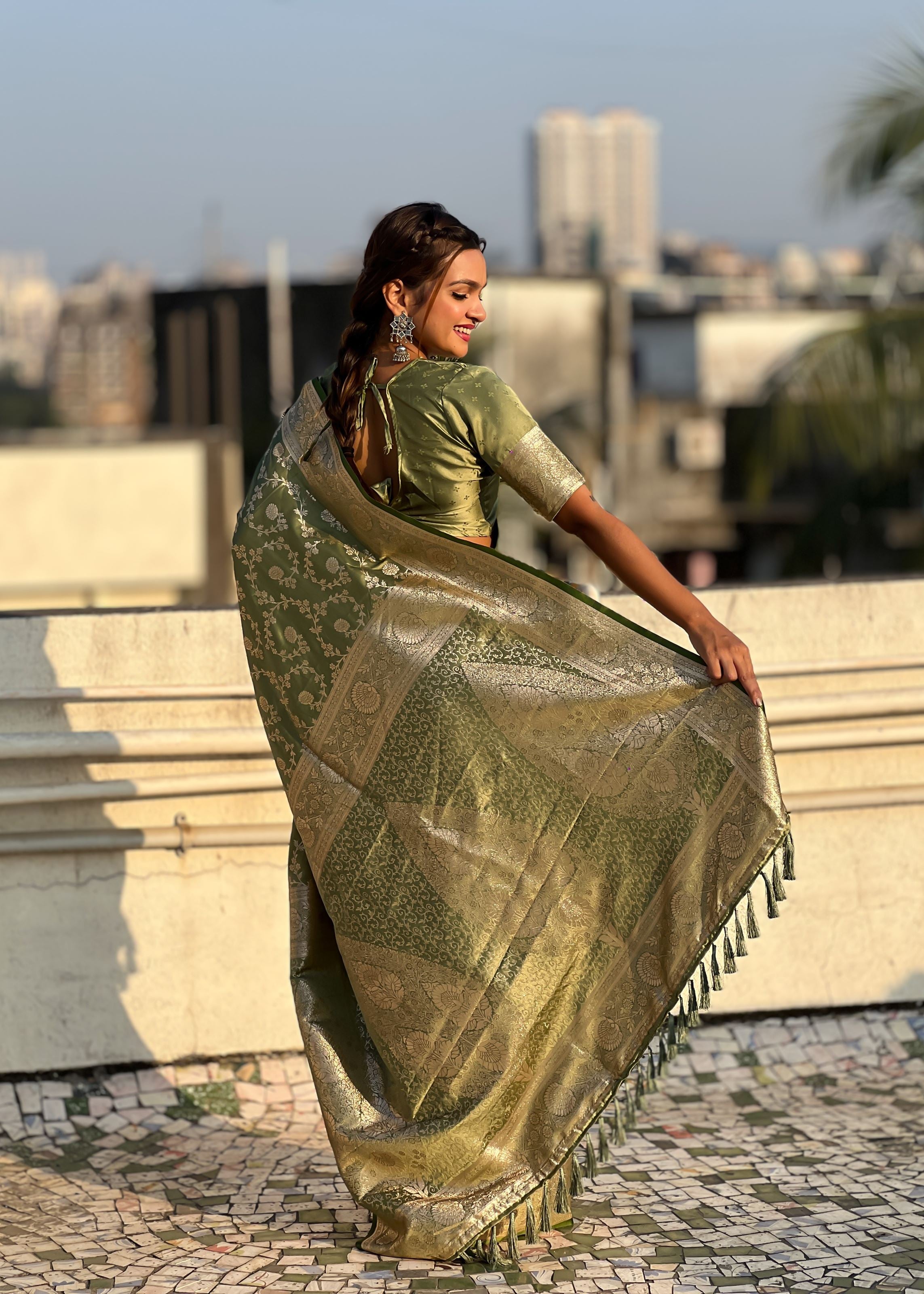 Mehendi Green Satin Saree With Zari and Woven Work