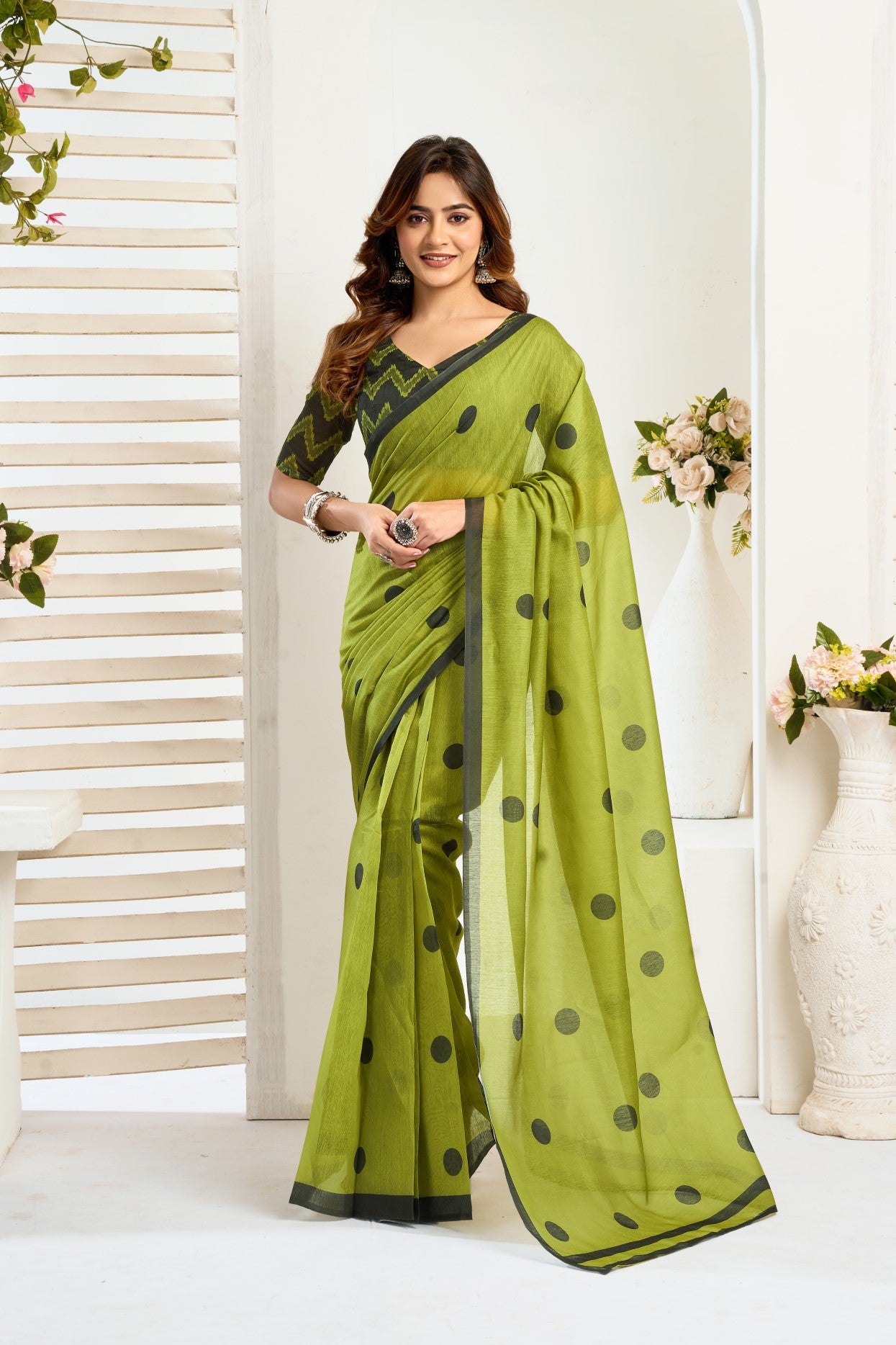 Mehendi Linen Ready To Wear Saree With Zari Border Printed