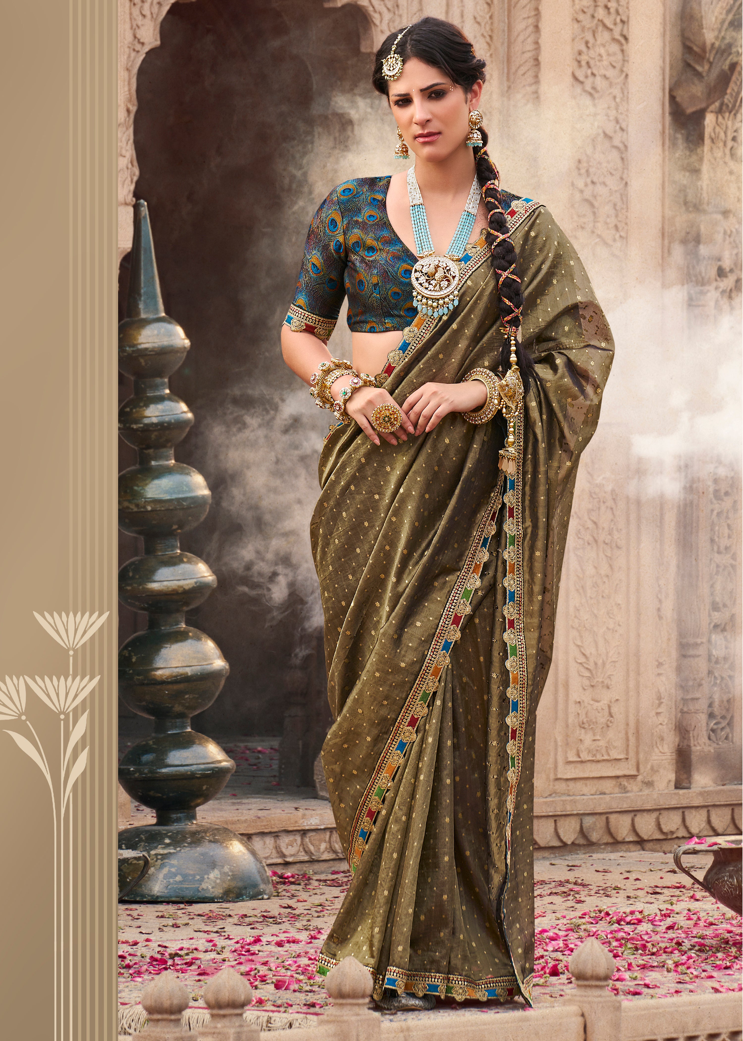 Mehendi Pure Tissue Saree with Multicolored Lace Border