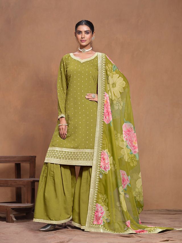 Mehendi Salwar Kameez With Thread Emboirdered Work