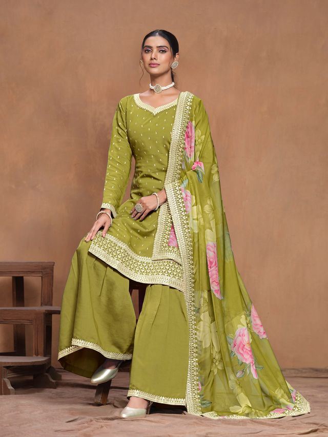 Mehendi Salwar Kameez With Thread Emboirdered Work