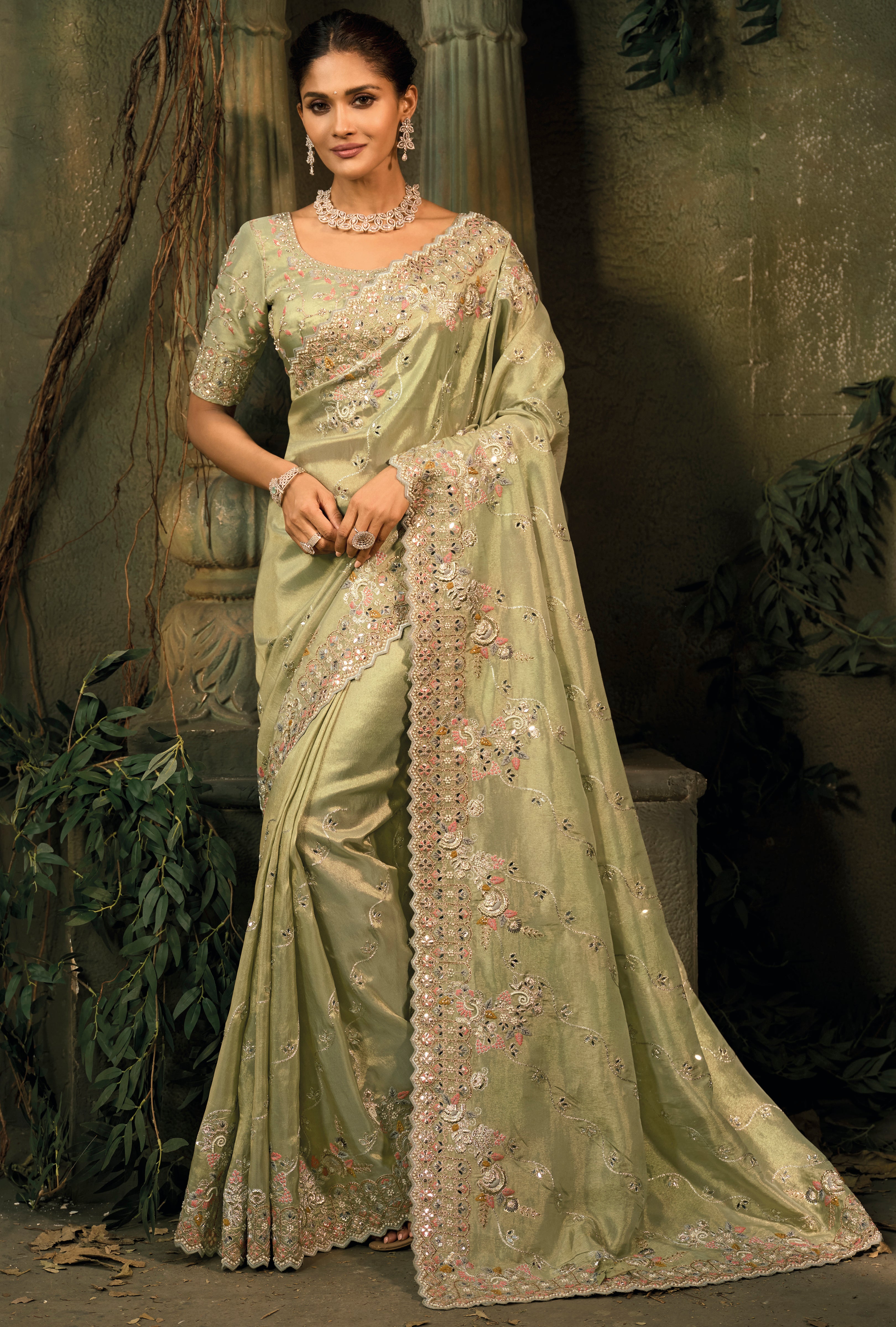 Mehendi Saree With Cut-Dana, Moti With Mirror Heavy Work