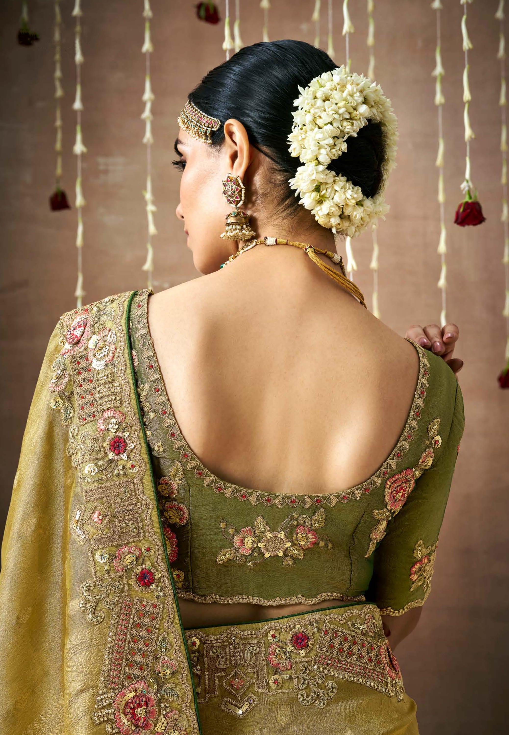 Mehendi Saree With Jacquard Woven With Heavy Thread Embroidery Sequins Work