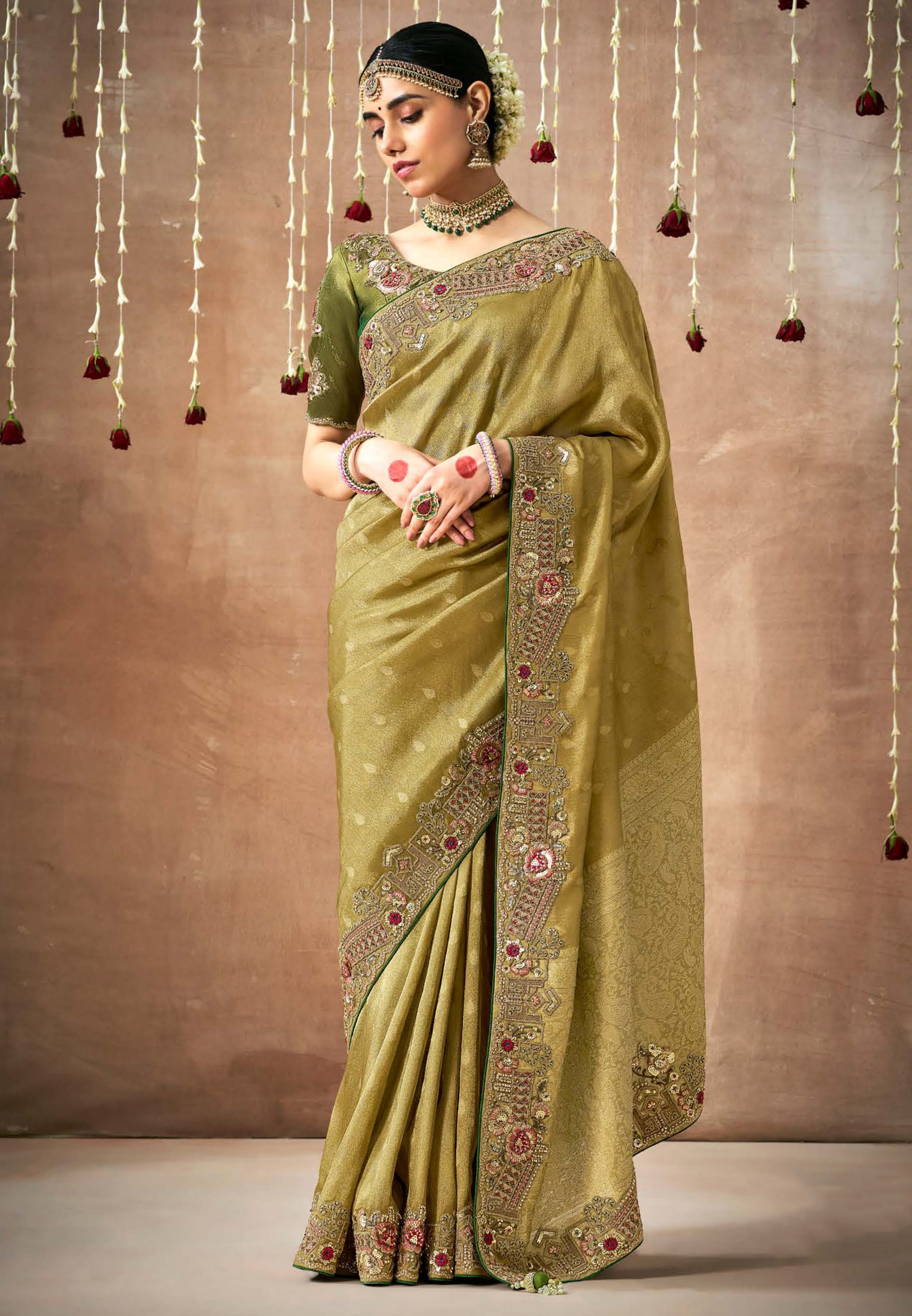 Mehendi Saree With Jacquard Woven With Heavy Thread Embroidery Sequins Work
