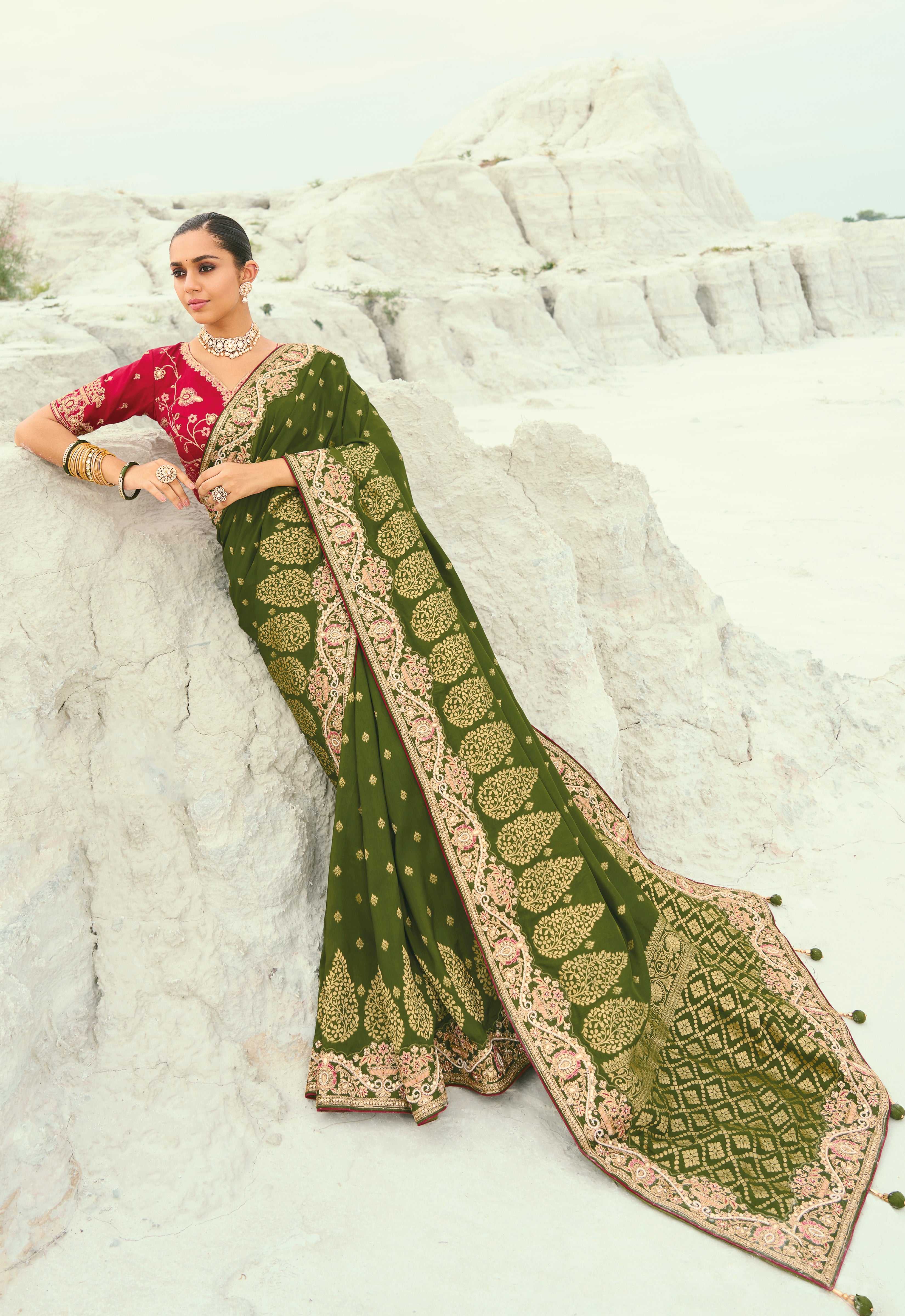 Mehendi Saree With Jari, Thread, Moti With Cut-Dana Heavy Work