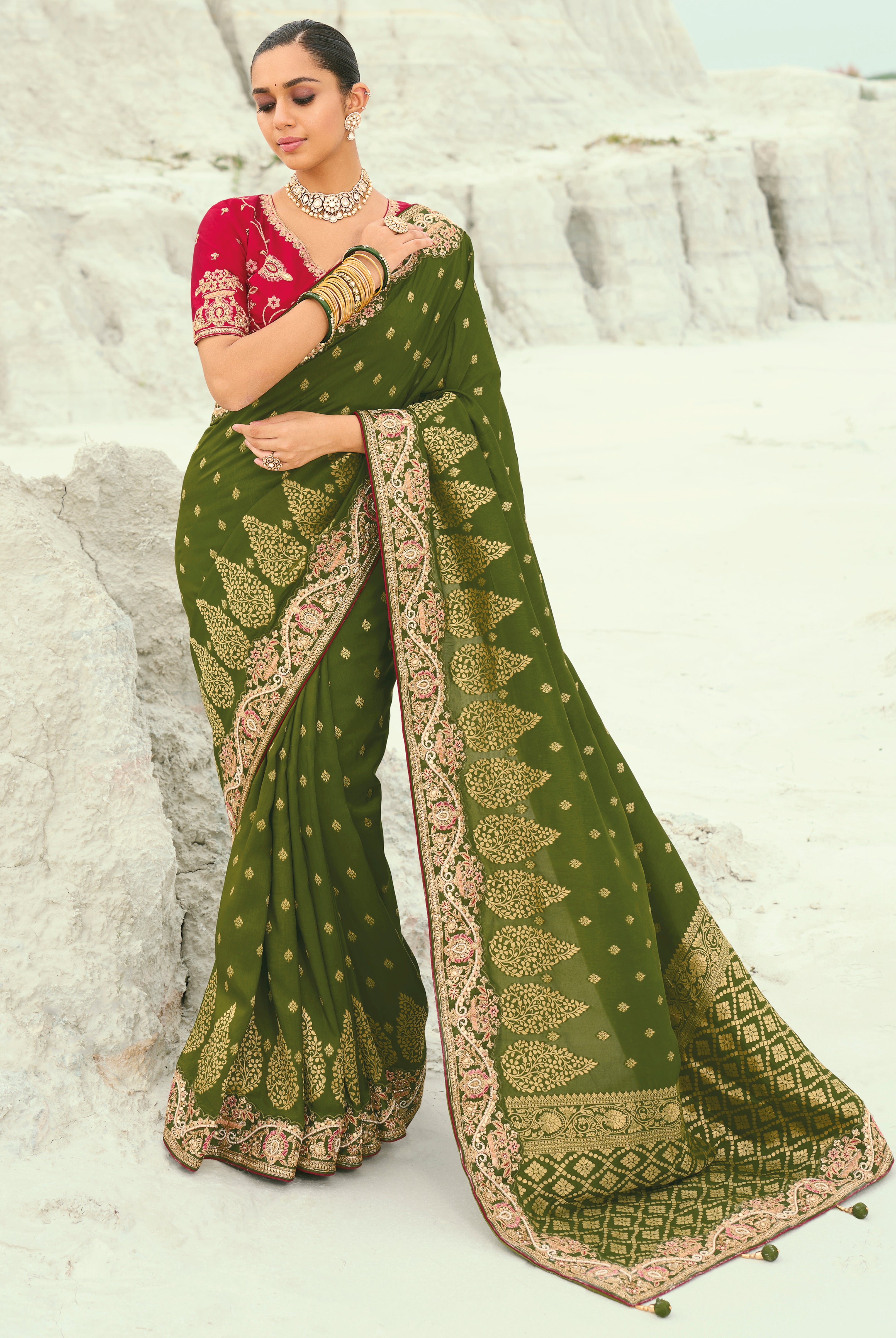 Mehendi Saree With Jari, Thread, Moti With Cut-Dana Heavy Work