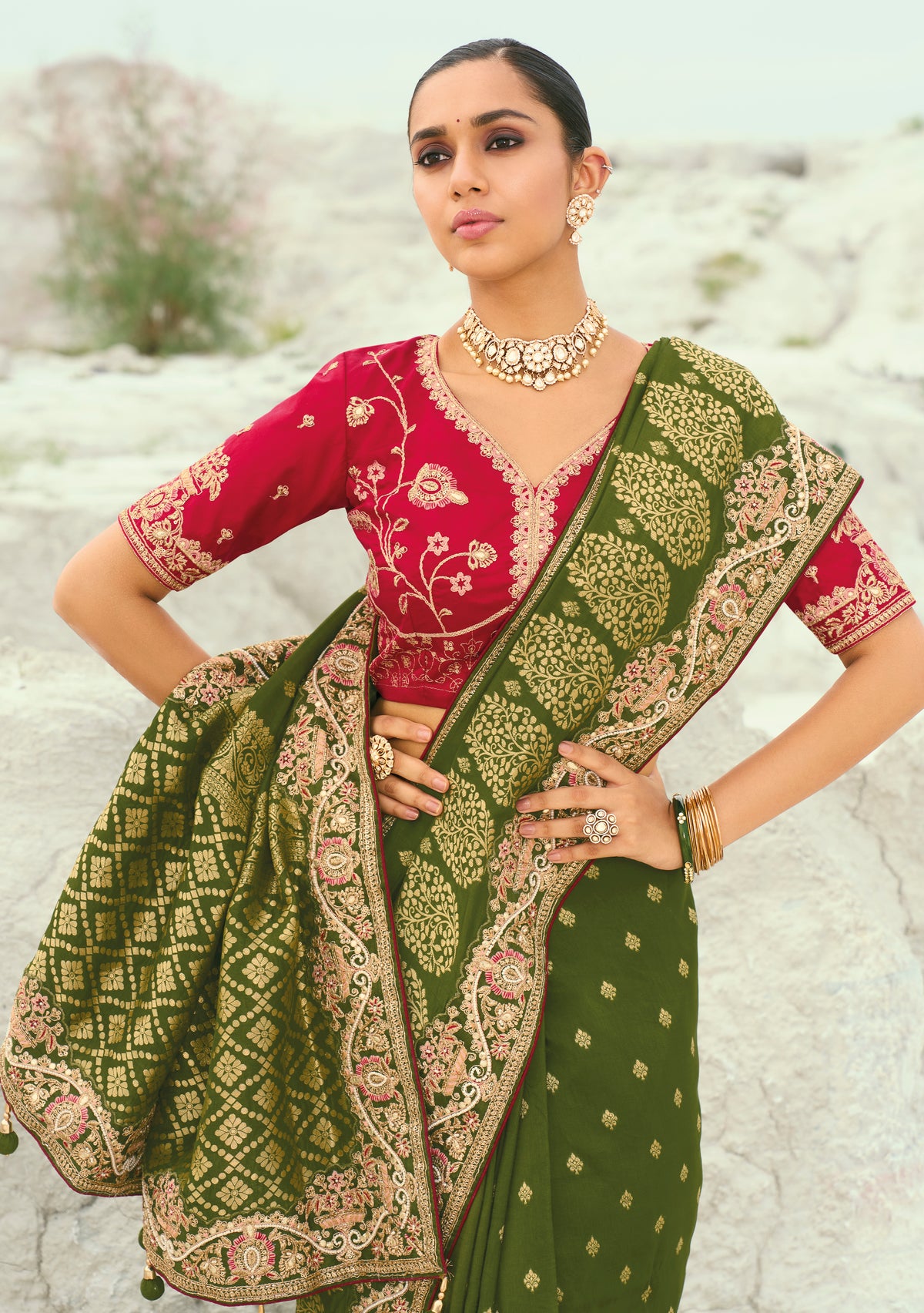 Mehendi Saree With Jari, Thread, Moti With Cut-Dana Heavy Work