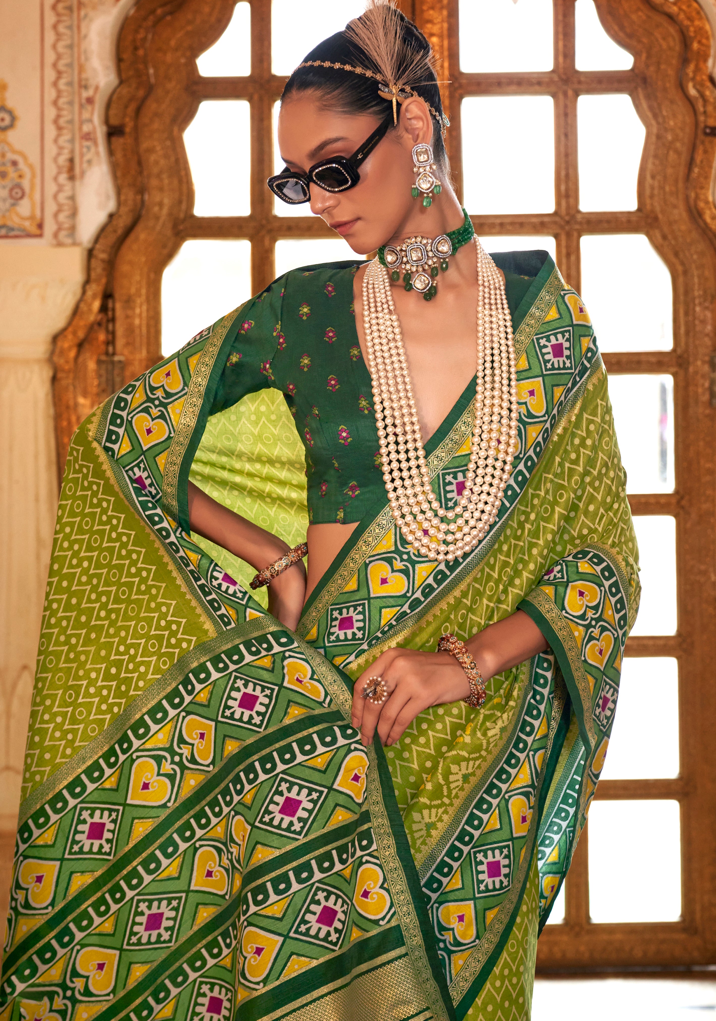 Mehendi Silk Saree With Digital Patola Print