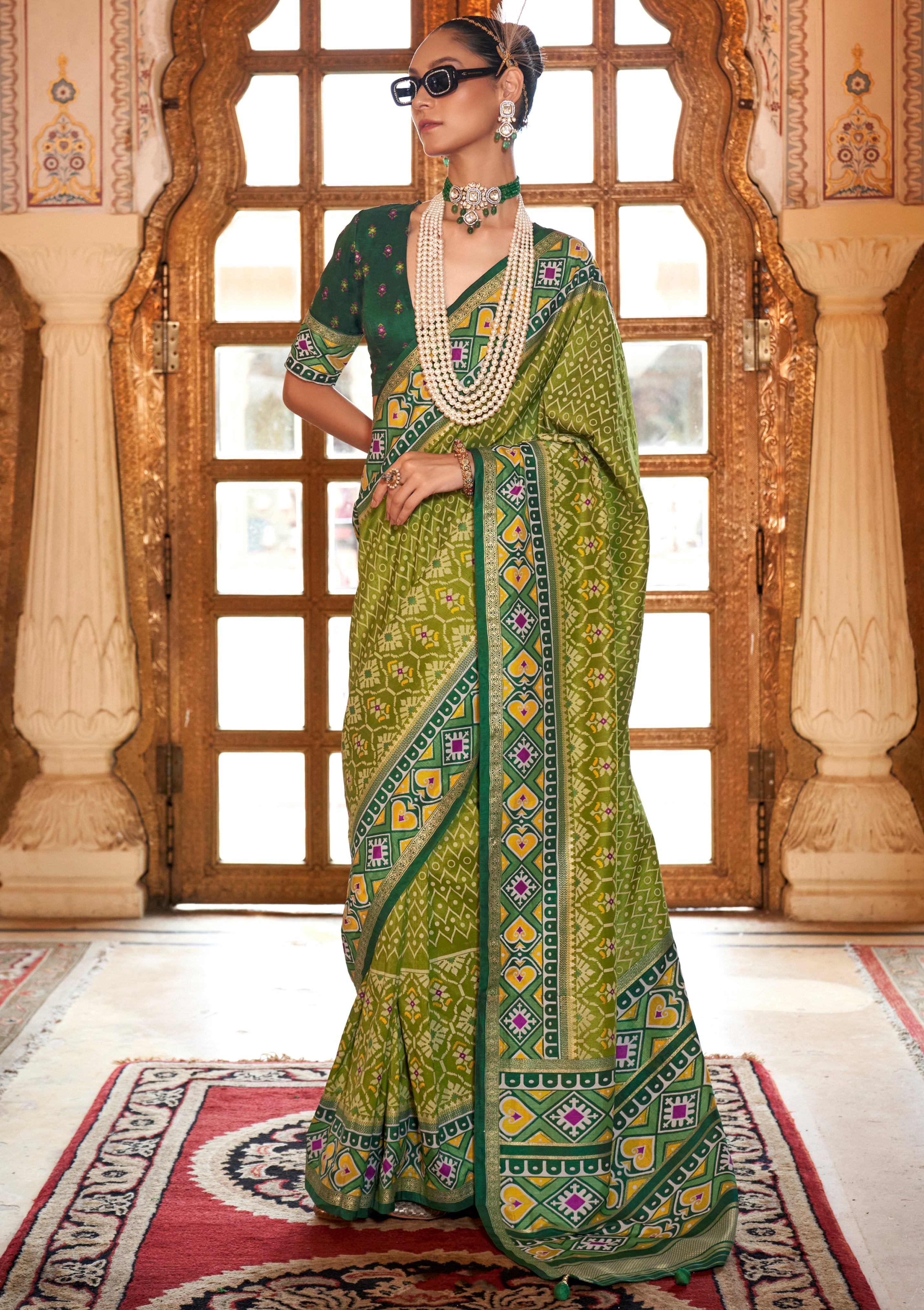 Mehendi Silk Saree With Digital Patola Print