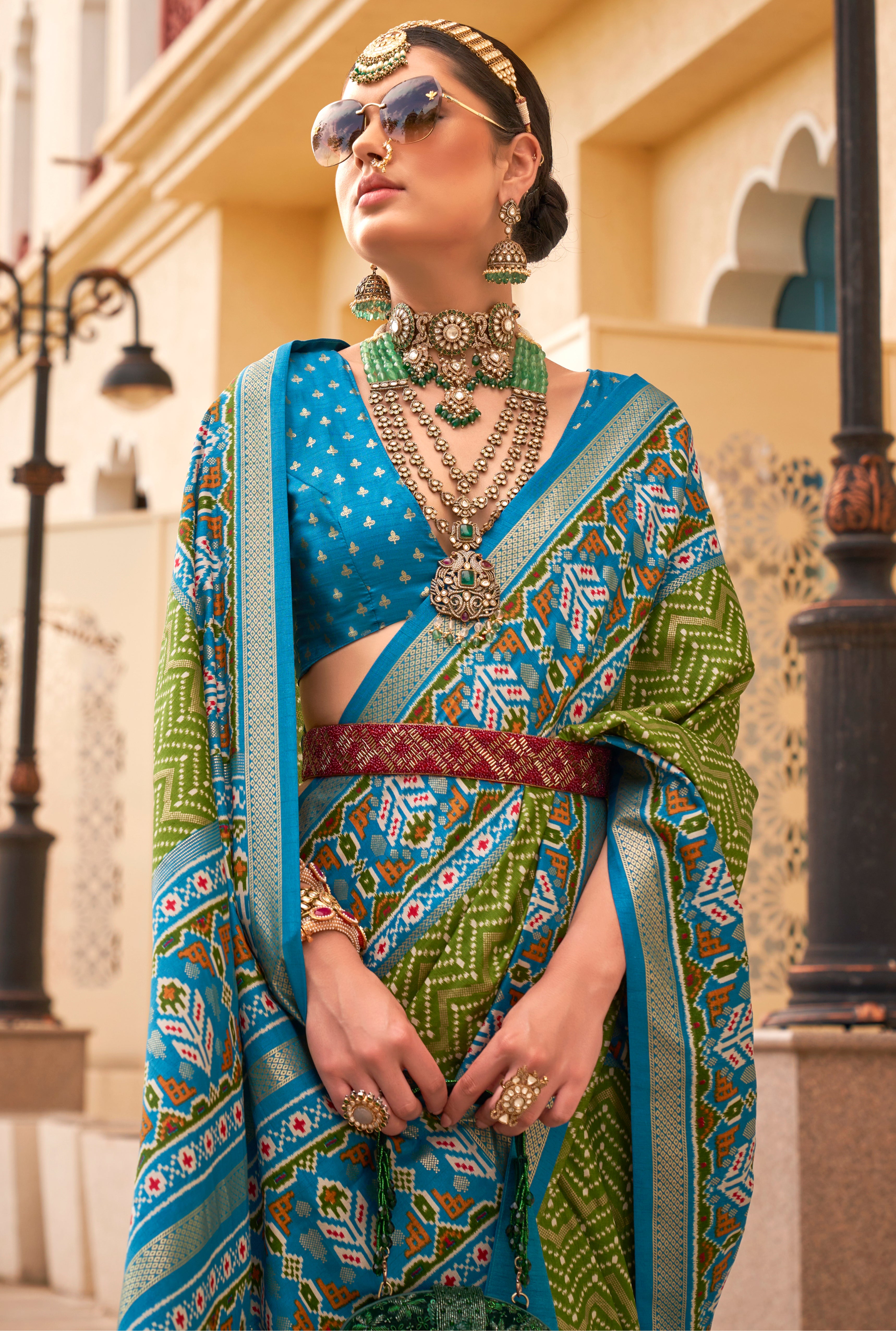 Mehendi Silk Saree With Digital Patola Print