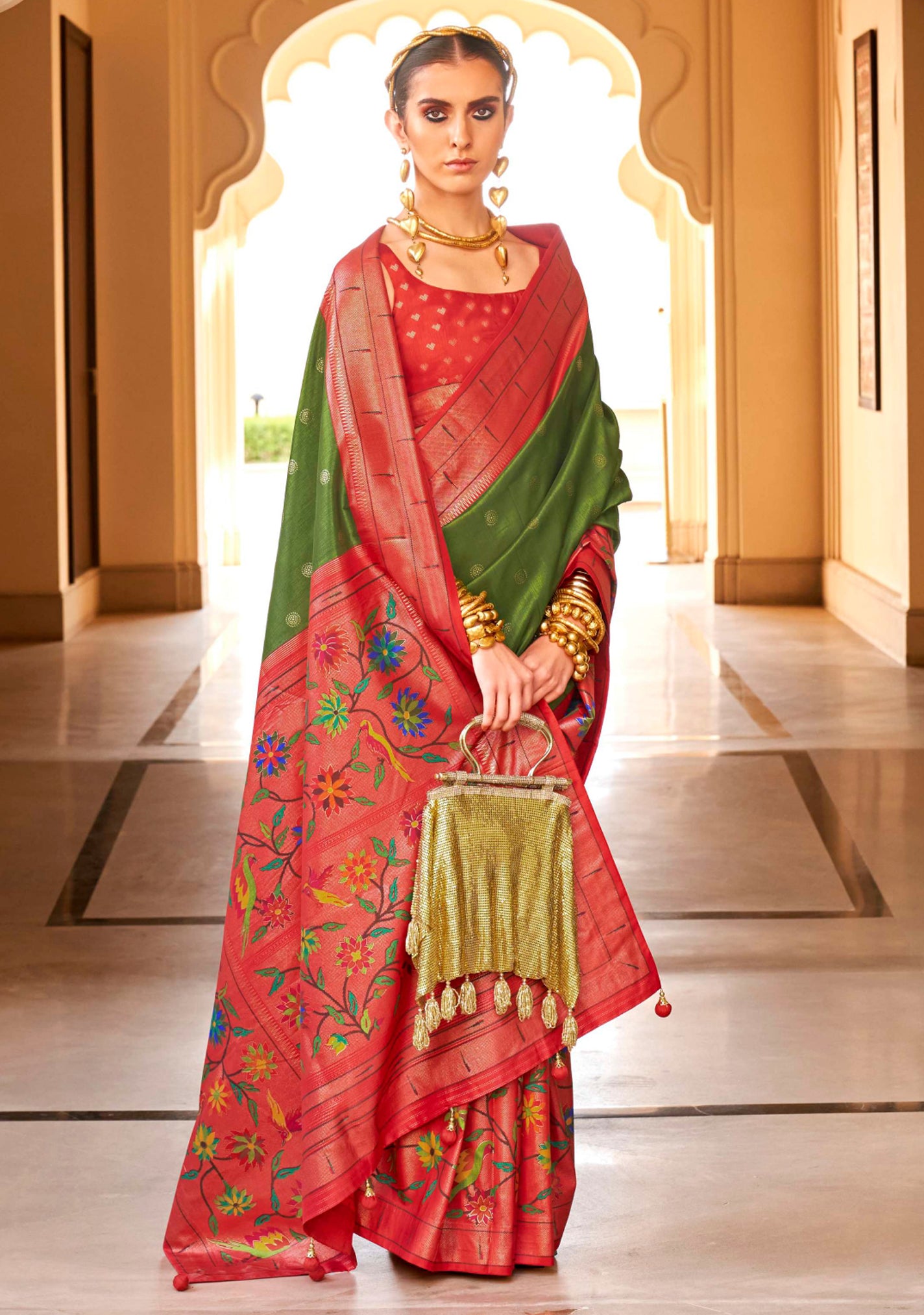 Mehendi Silk Saree With Jacquard Woven Work