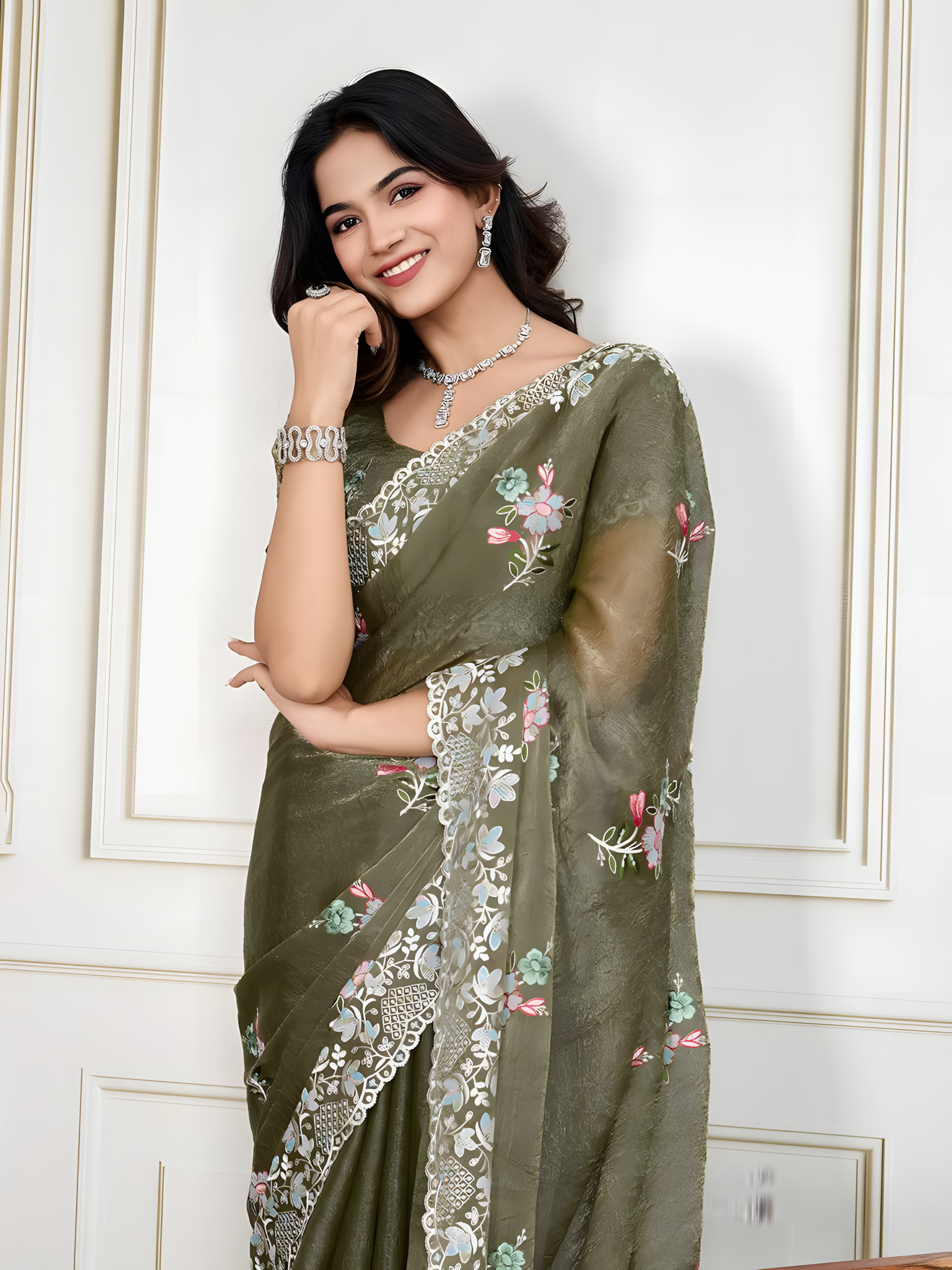 Mehendi Soft Crunchy silk Saree with Digital Print with Thred Sequins Embroidery Work
