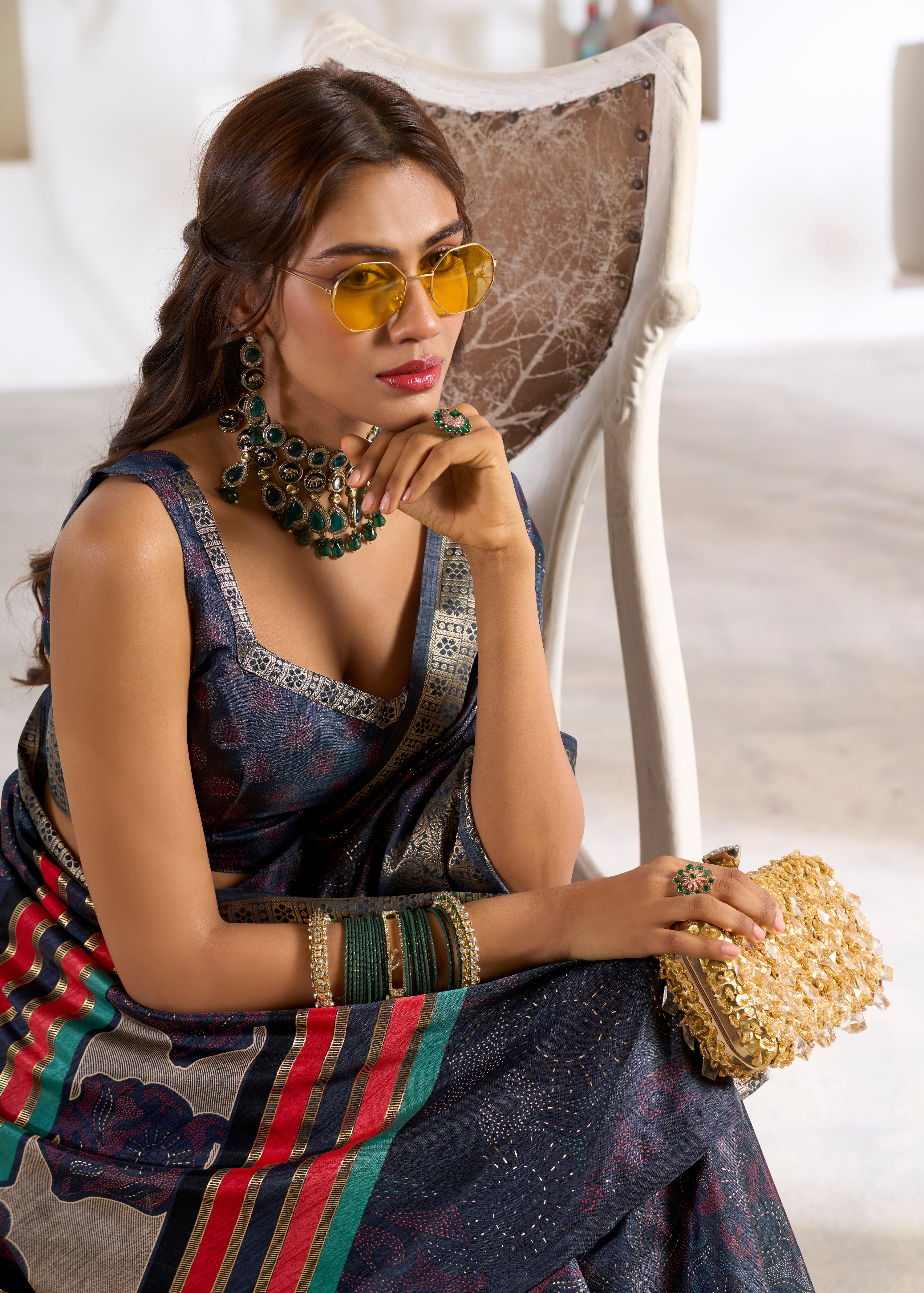 Mehendi Soft Dola Silk Saree With Foil Print With Jacquard Woven Work