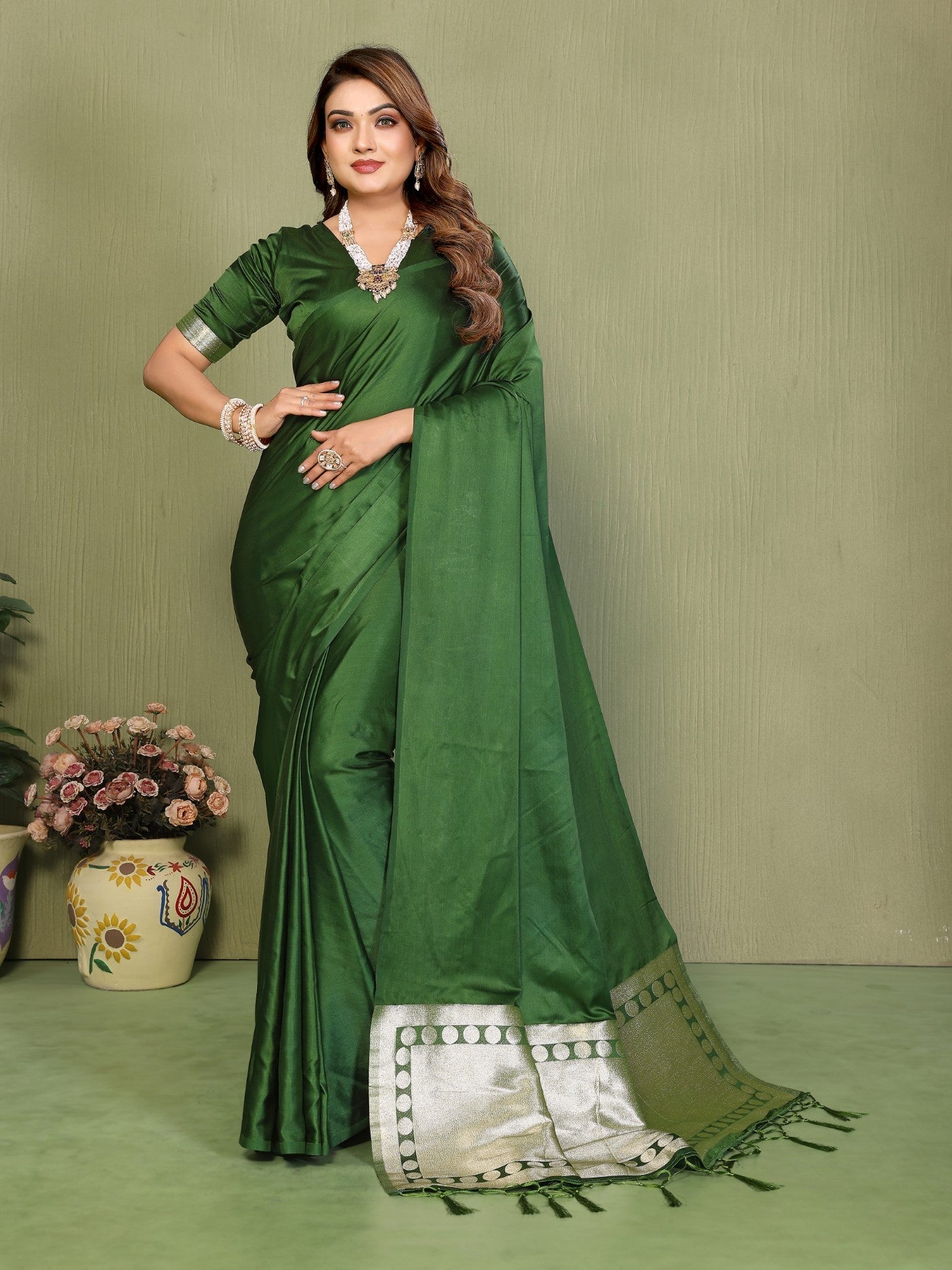 Mehendi Soft Satin Silk Saree With Designer Zari Weaving