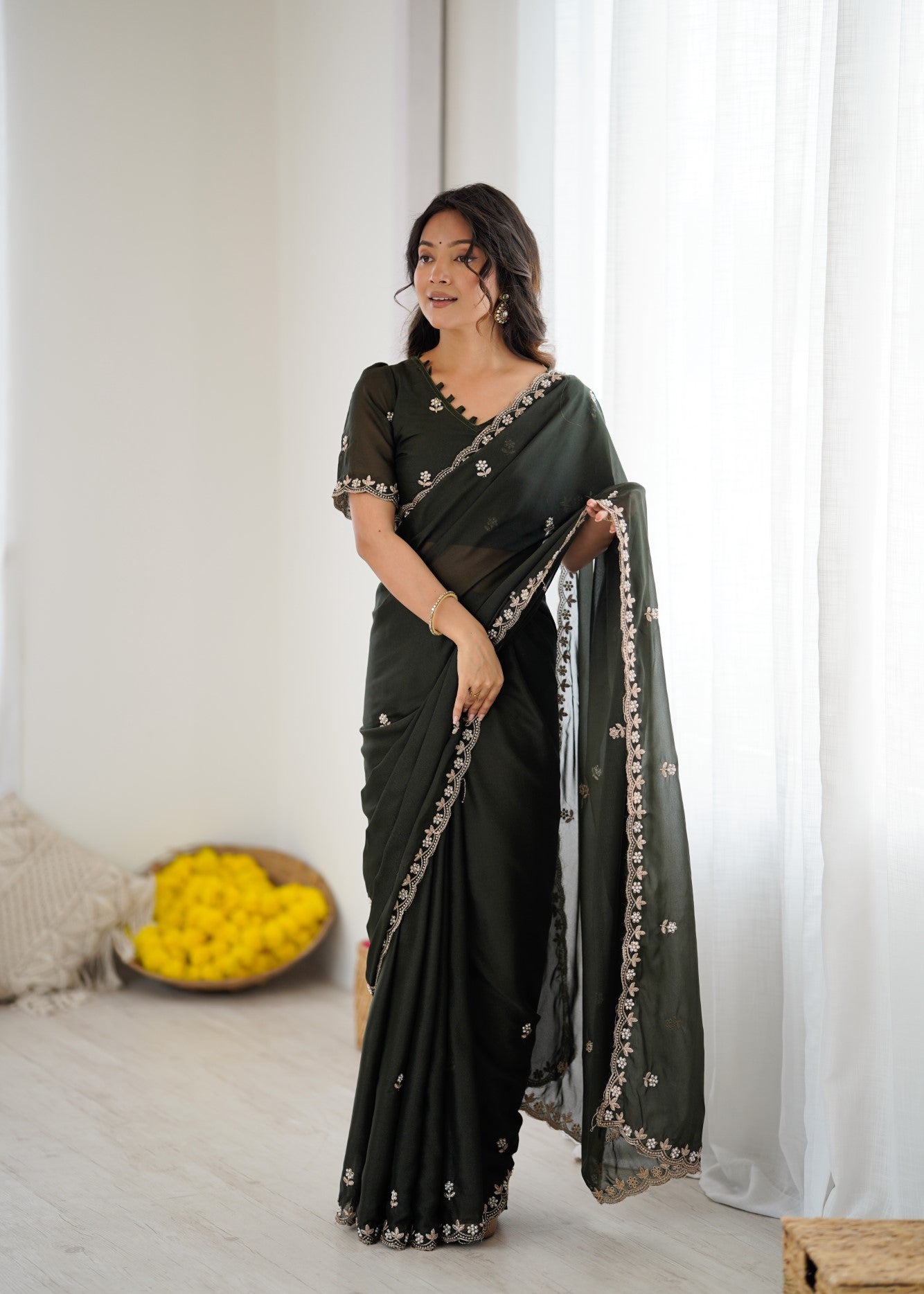 Mehendi Star Georgette Saree With Embroidery And Moti Work With Blouse