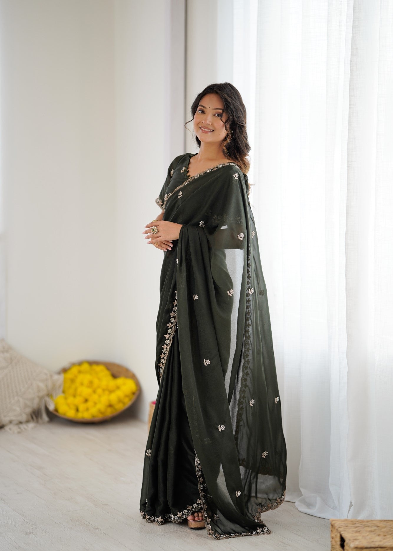 Mehendi Star Georgette Saree With Embroidery And Moti Work With Blouse