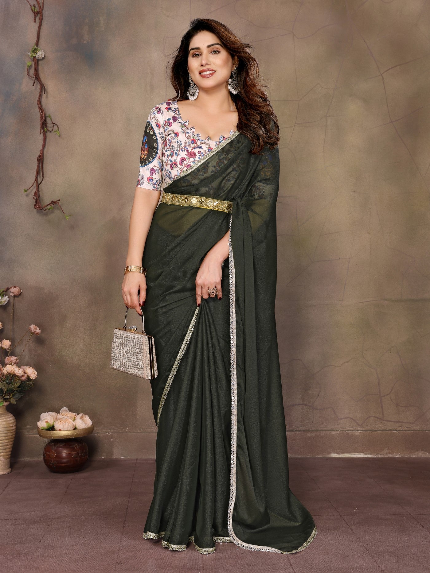 Mehendi Star Georgette Saree With Mirror Border Design
