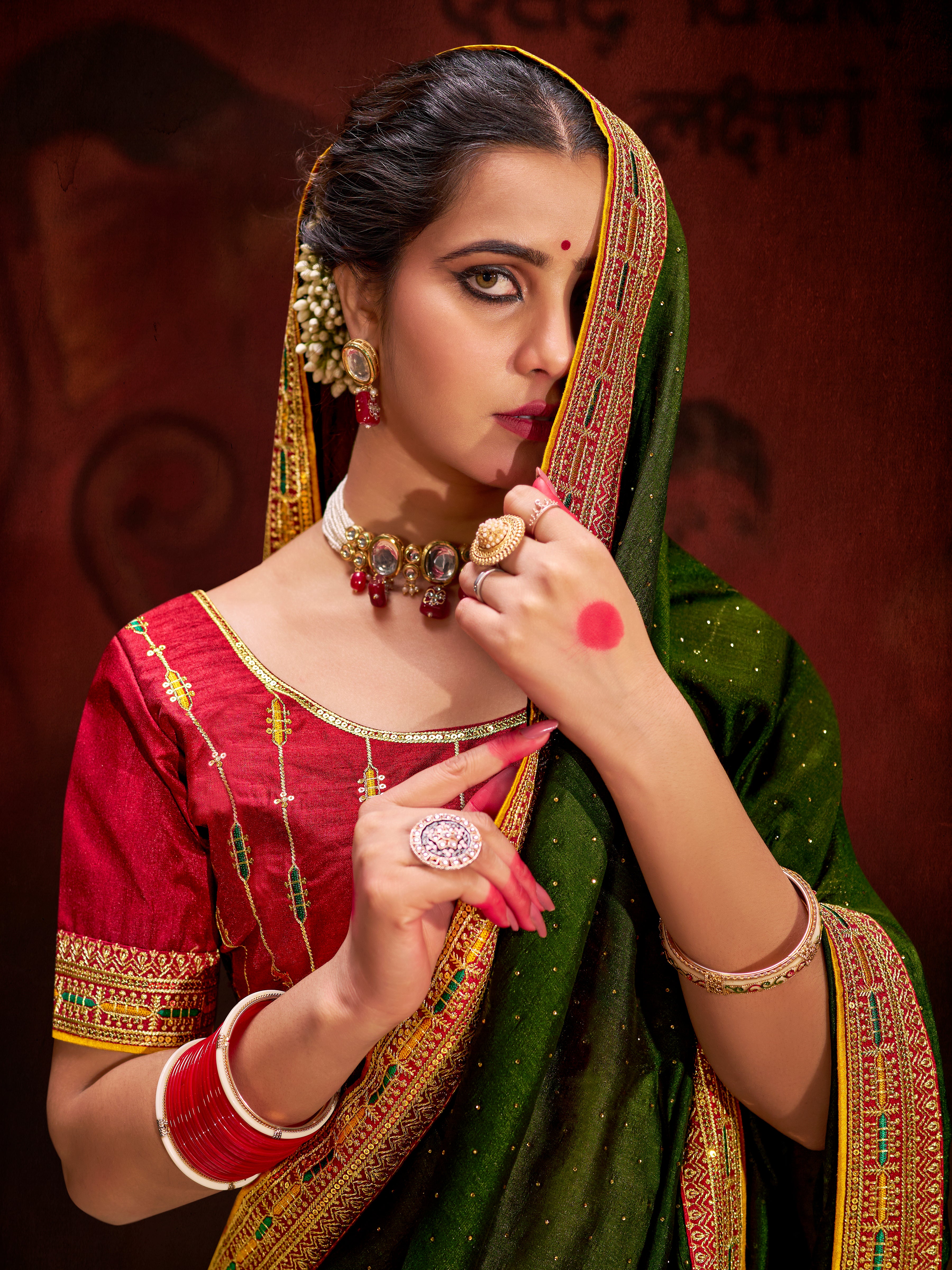 Mehendi Vichitra Silk Saree With Heavy Diamond Work and Embroidery Lace Border