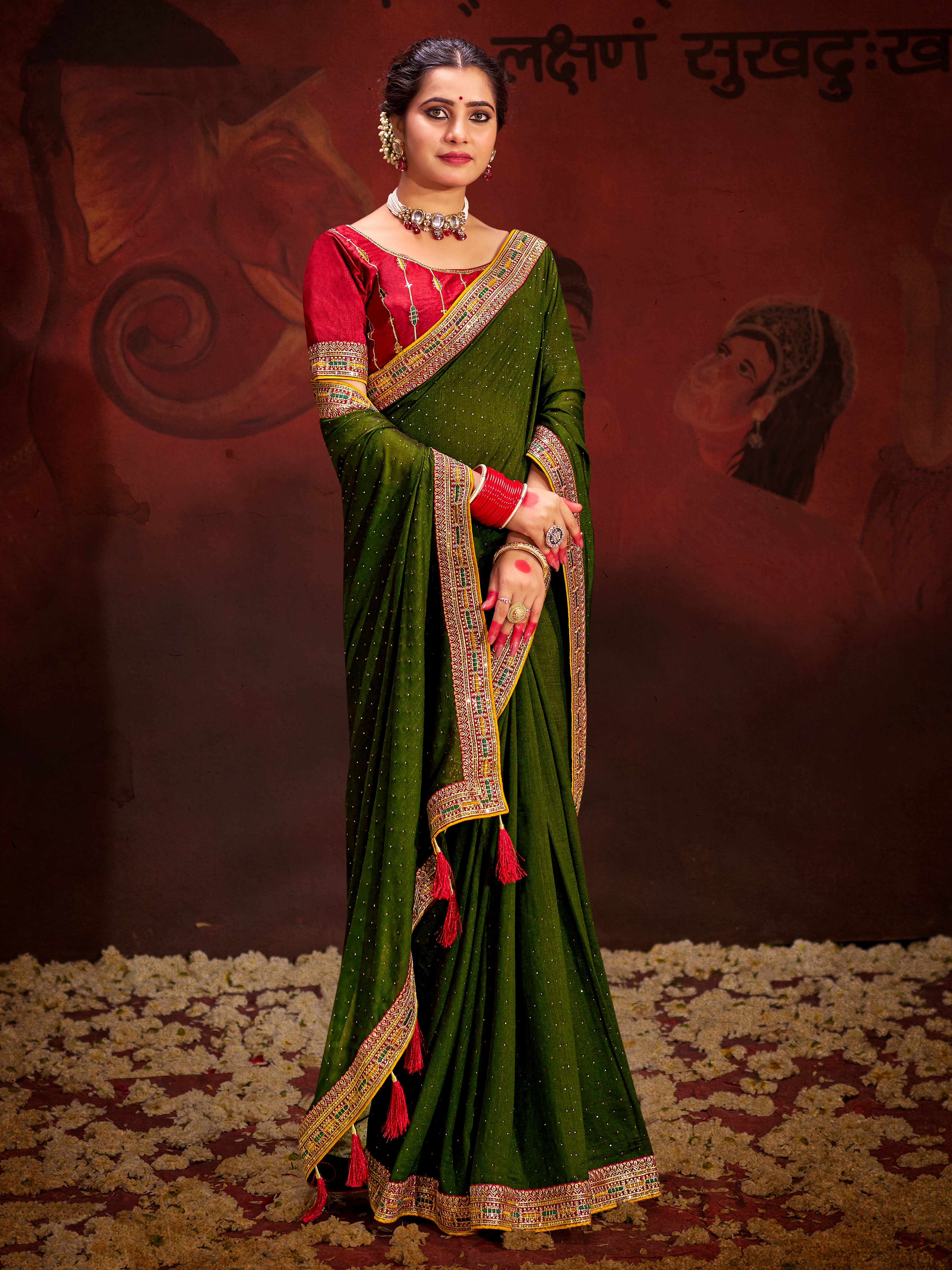 Mehendi Vichitra Silk Saree With Heavy Diamond Work and Embroidery Lace Border