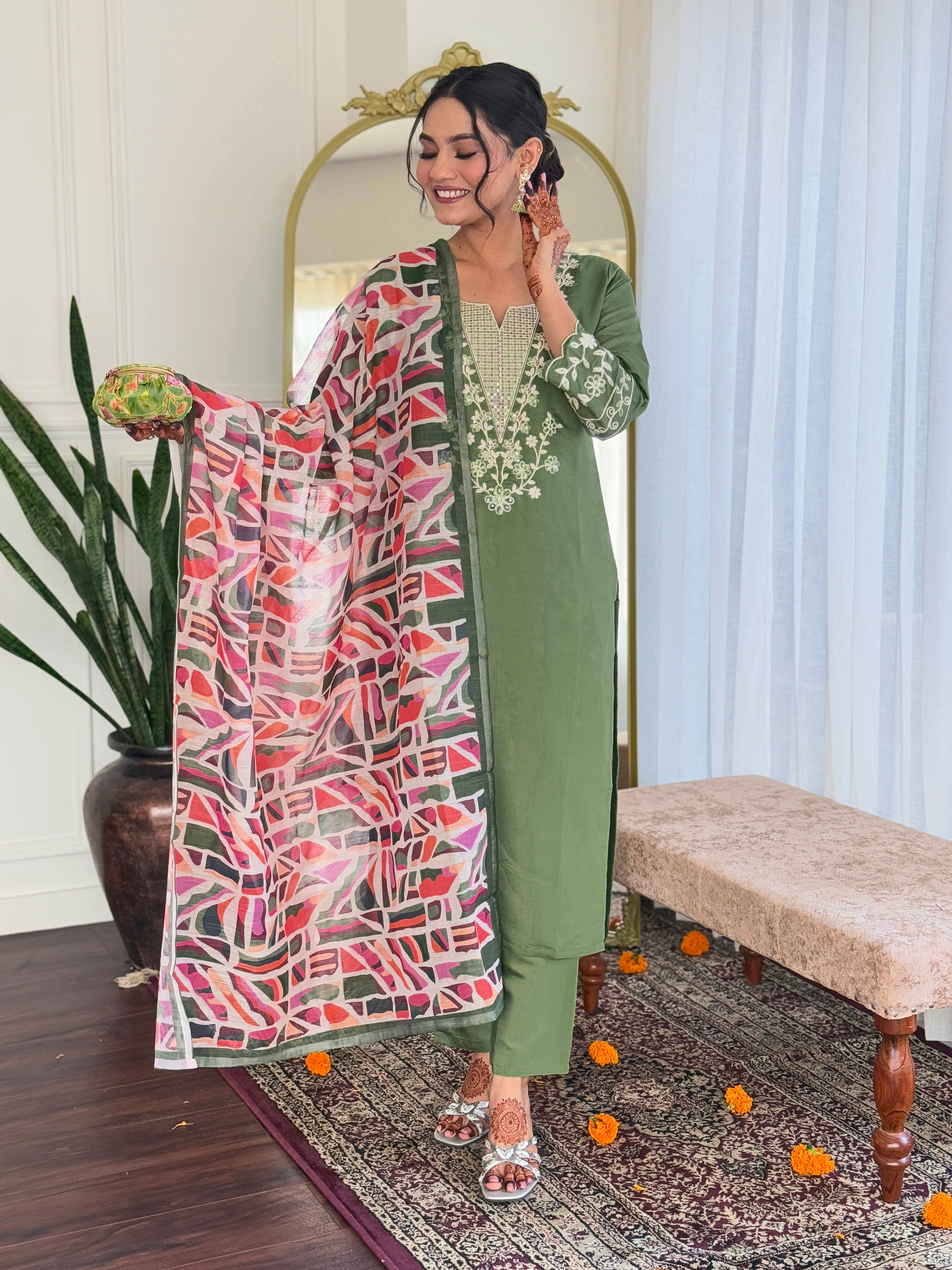 Mehendi Viscose Chanderi Kurta Pant With Embroidery Work And Printed Dupatta