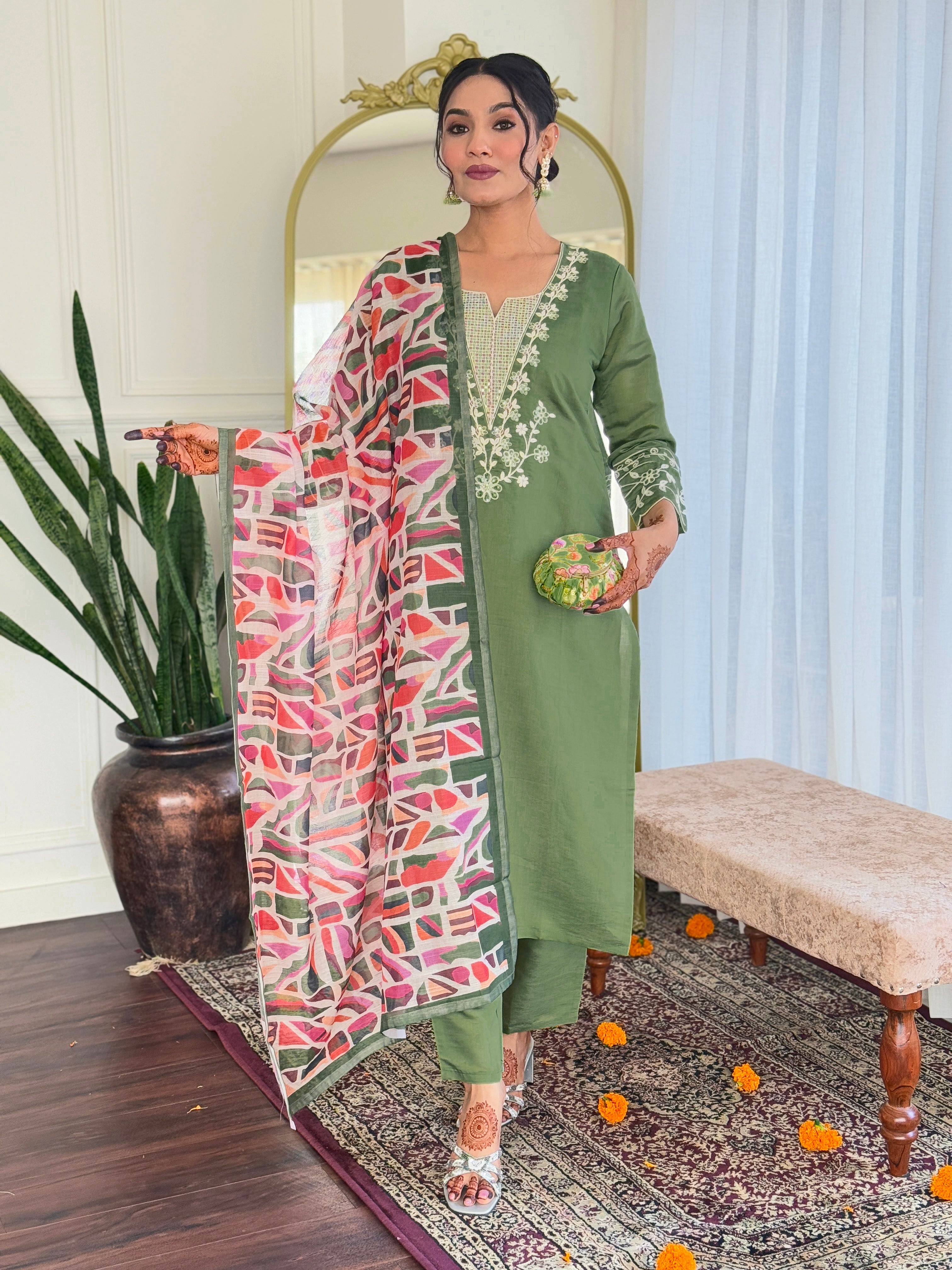 Mehendi Viscose Chanderi Kurta Pant With Embroidery Work And Printed Dupatta