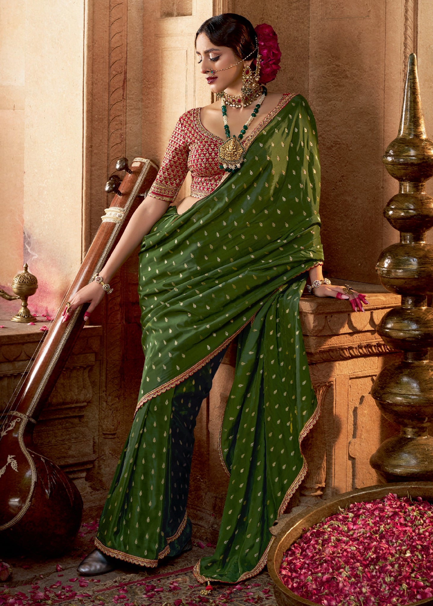 Mehendi Viscose Crepe Saree with Butti Weaving and Embroidered Blouse