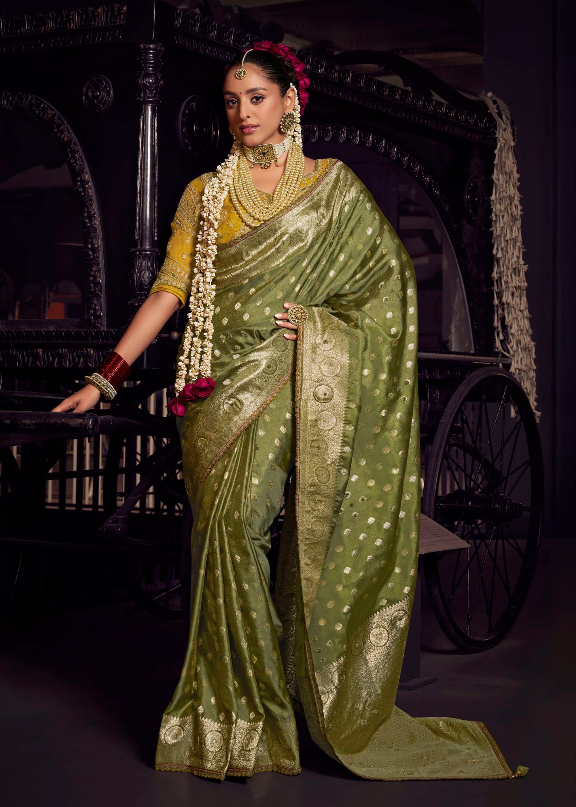 Mehendi Viscose Tissue Saree with Hand Work and Embroidered Blouse