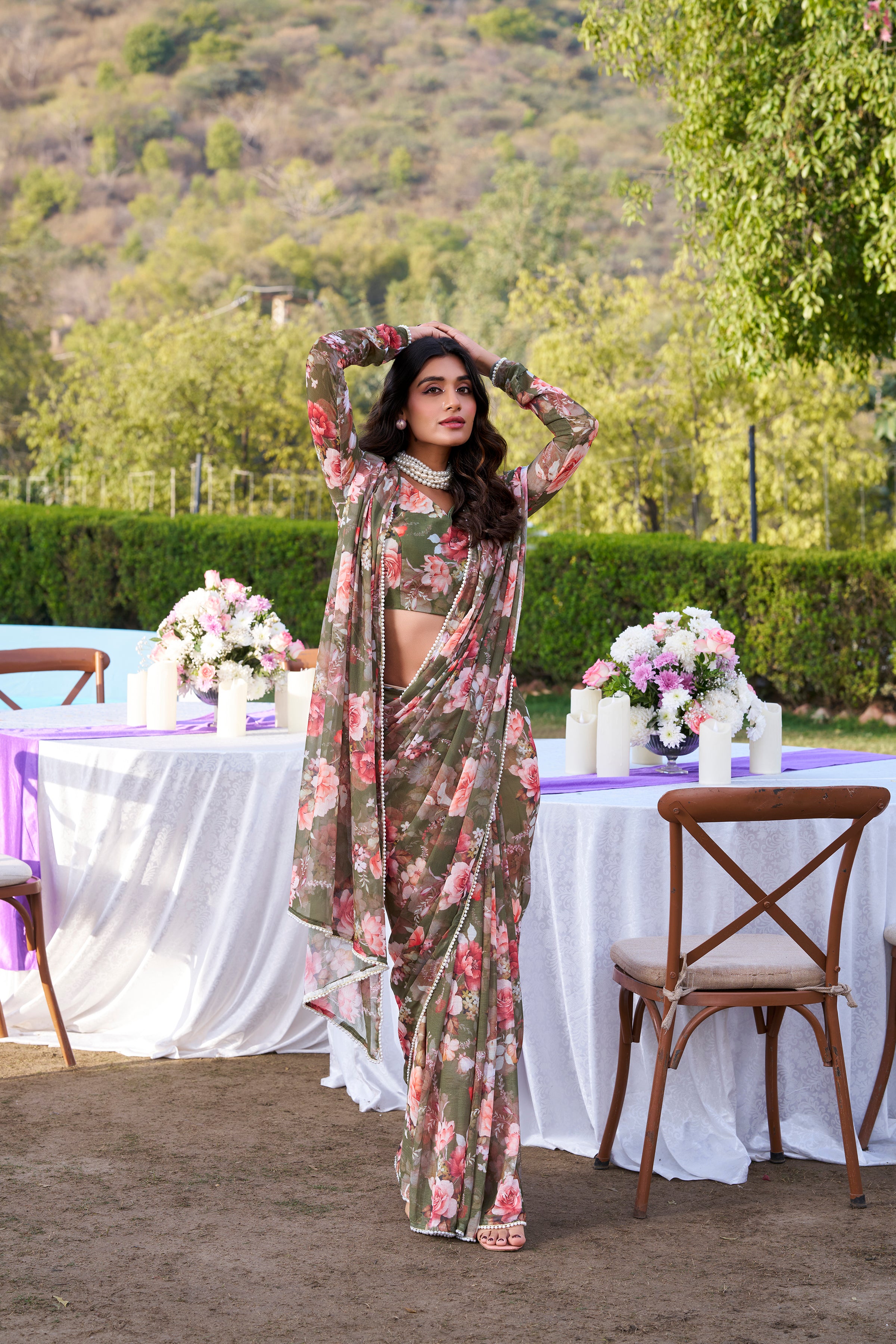 Mehendi Weightless Marble Print Saree with Pearl Lace Border