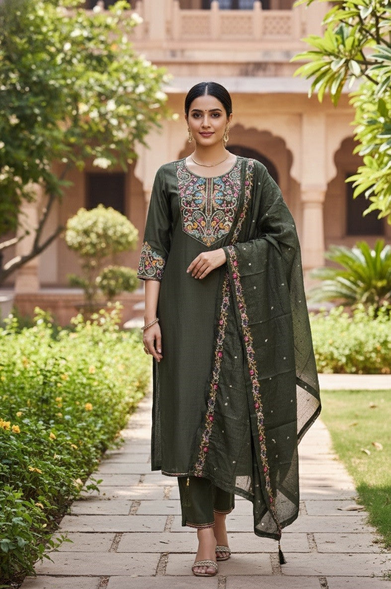 Mehndi Cotton Silk Designer Suit Set With Handcrafted Embroidery