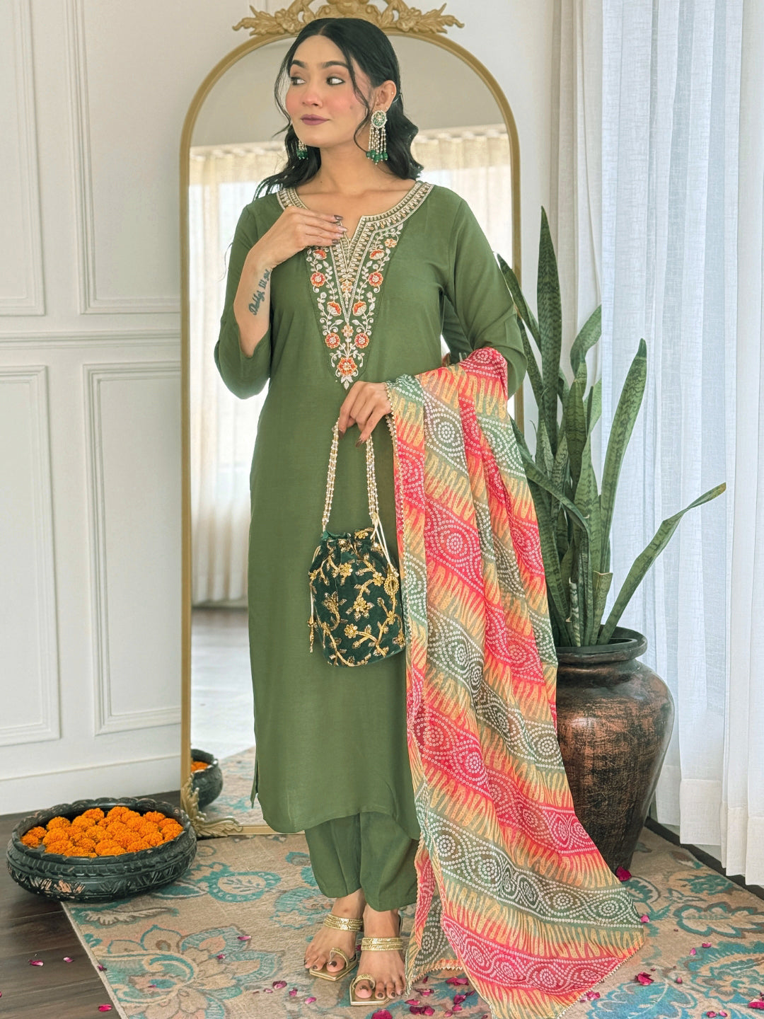 Mehndi Rayon Elegant Kurta Pant Set With Embroidery Work