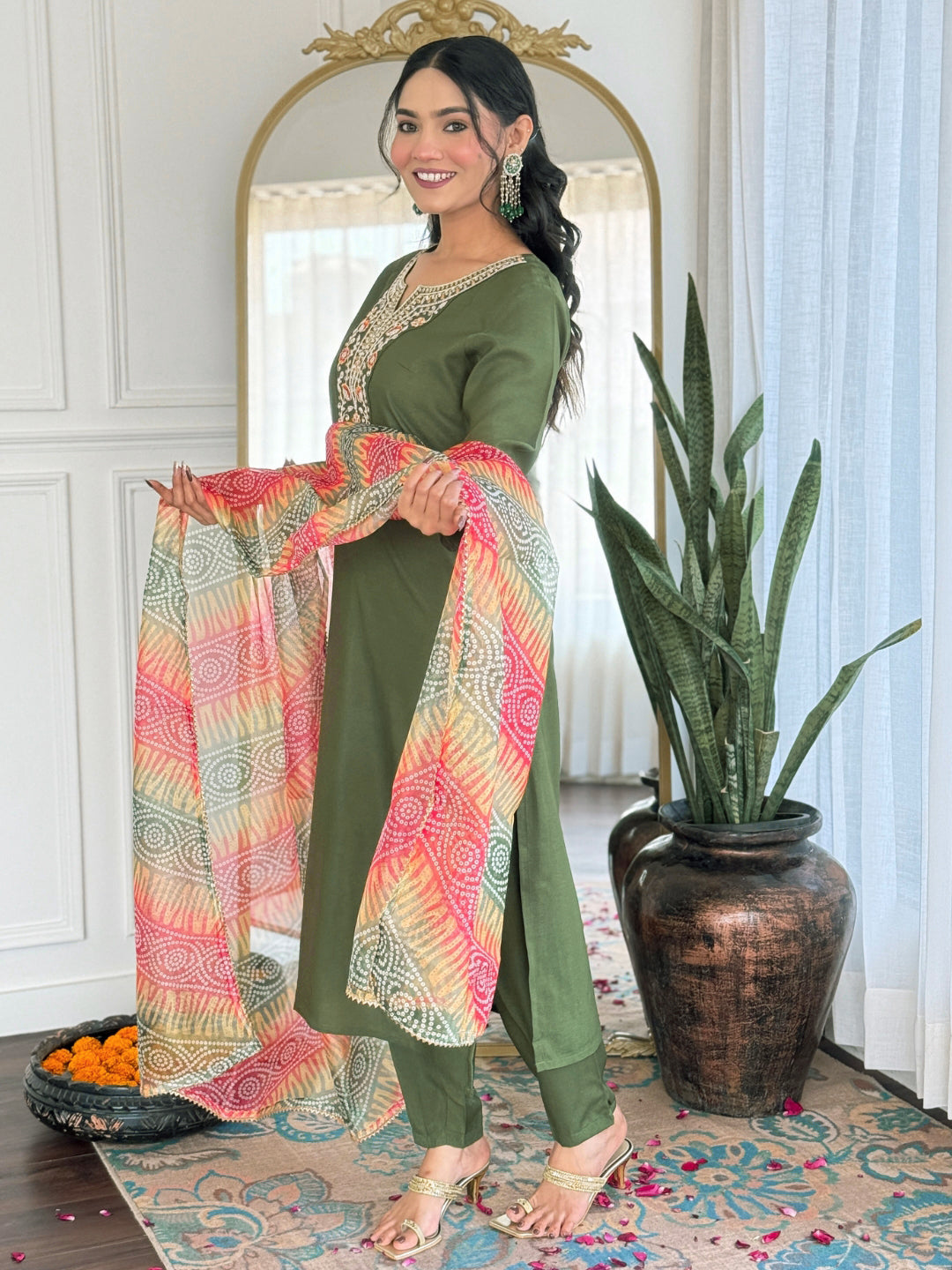 Mehndi Rayon Elegant Kurta Pant Set With Embroidery Work