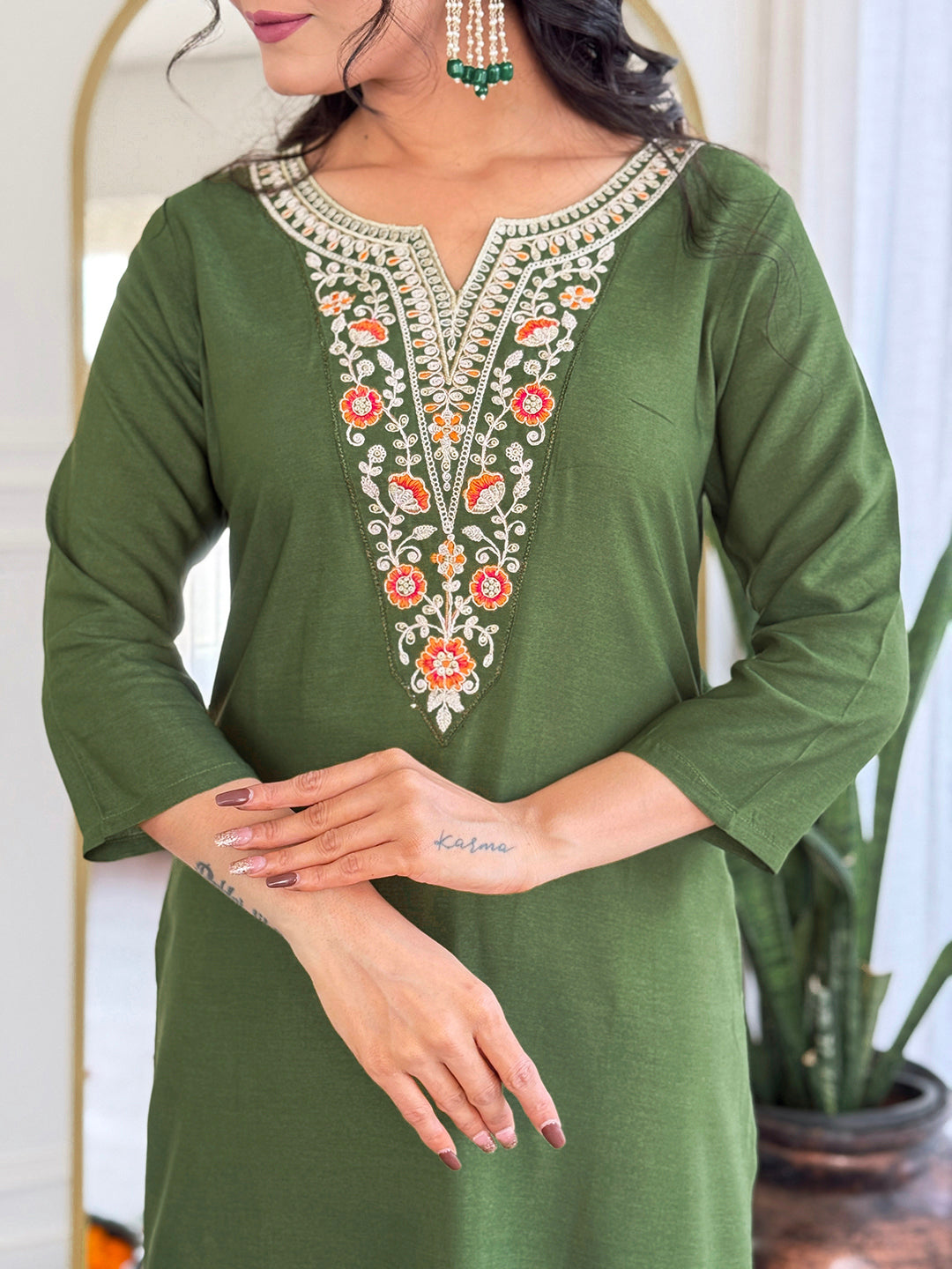 Mehndi Rayon Elegant Kurta Pant Set With Embroidery Work