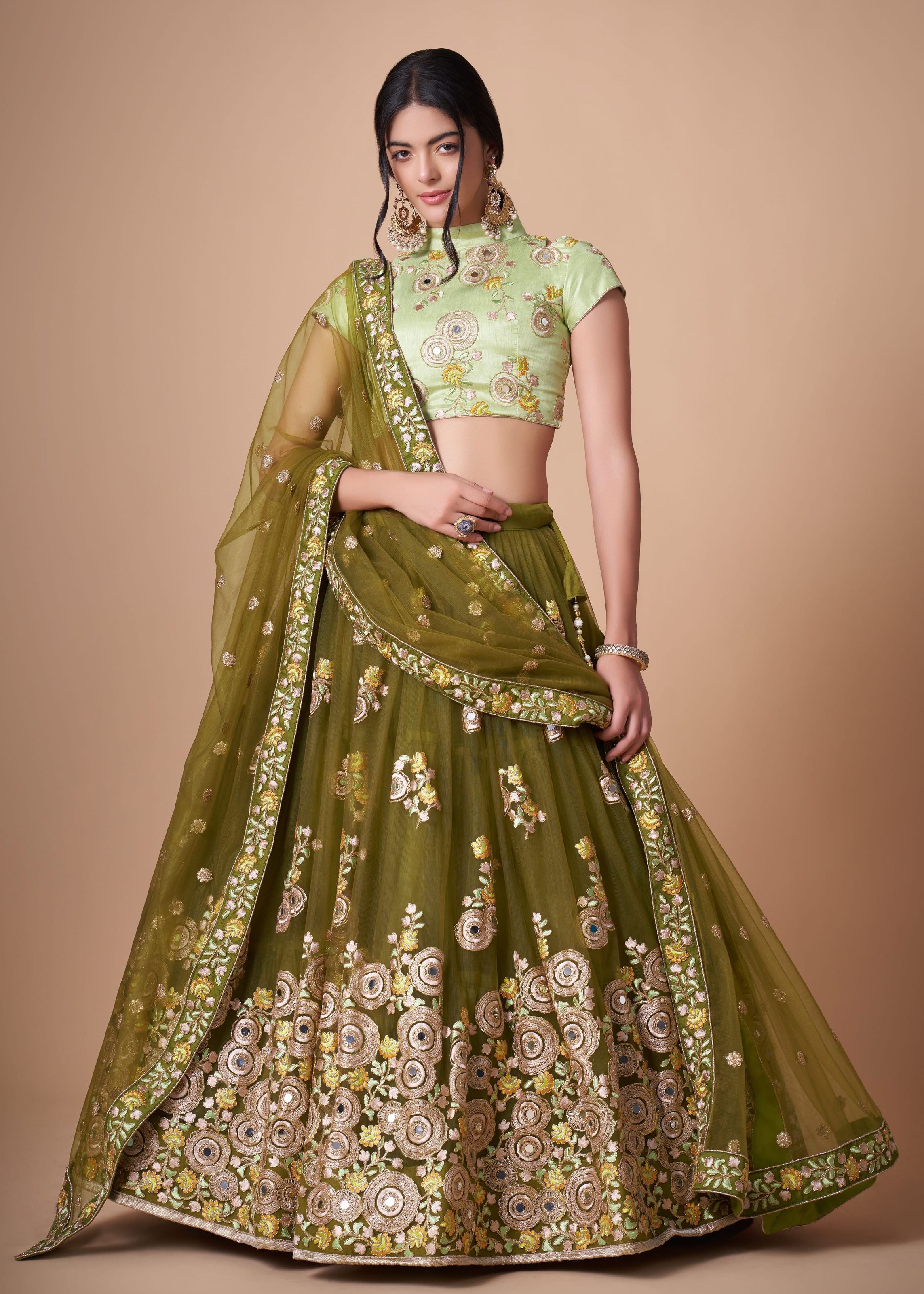 Mehndi green Lehenga Choli With Thread, Zari, Dori And Sequins Embroidery With Mirror Work